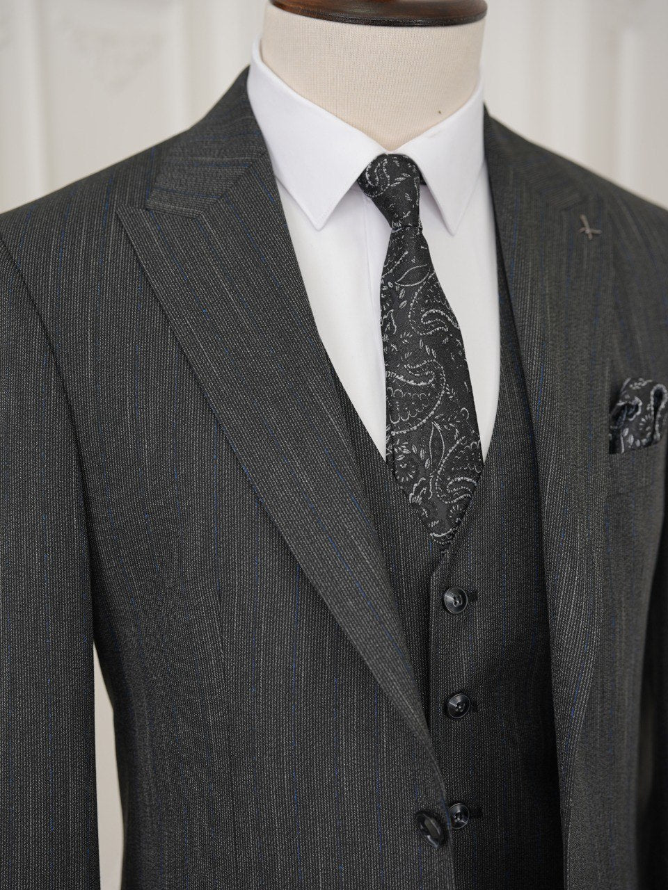 Grey Striped Slim-Fit Suit 3-Piece