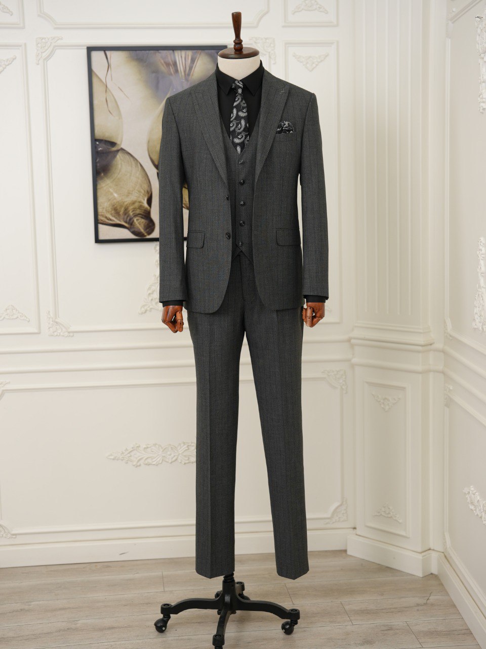 Grey Striped Slim-Fit Suit 3-Piece