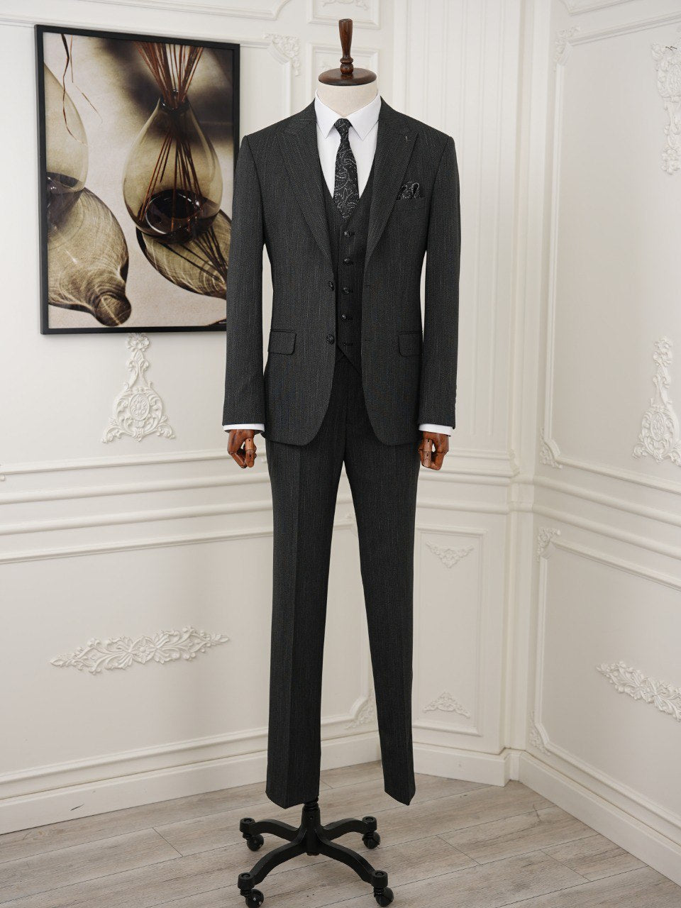 Grey Striped Slim-Fit Suit 3-Piece