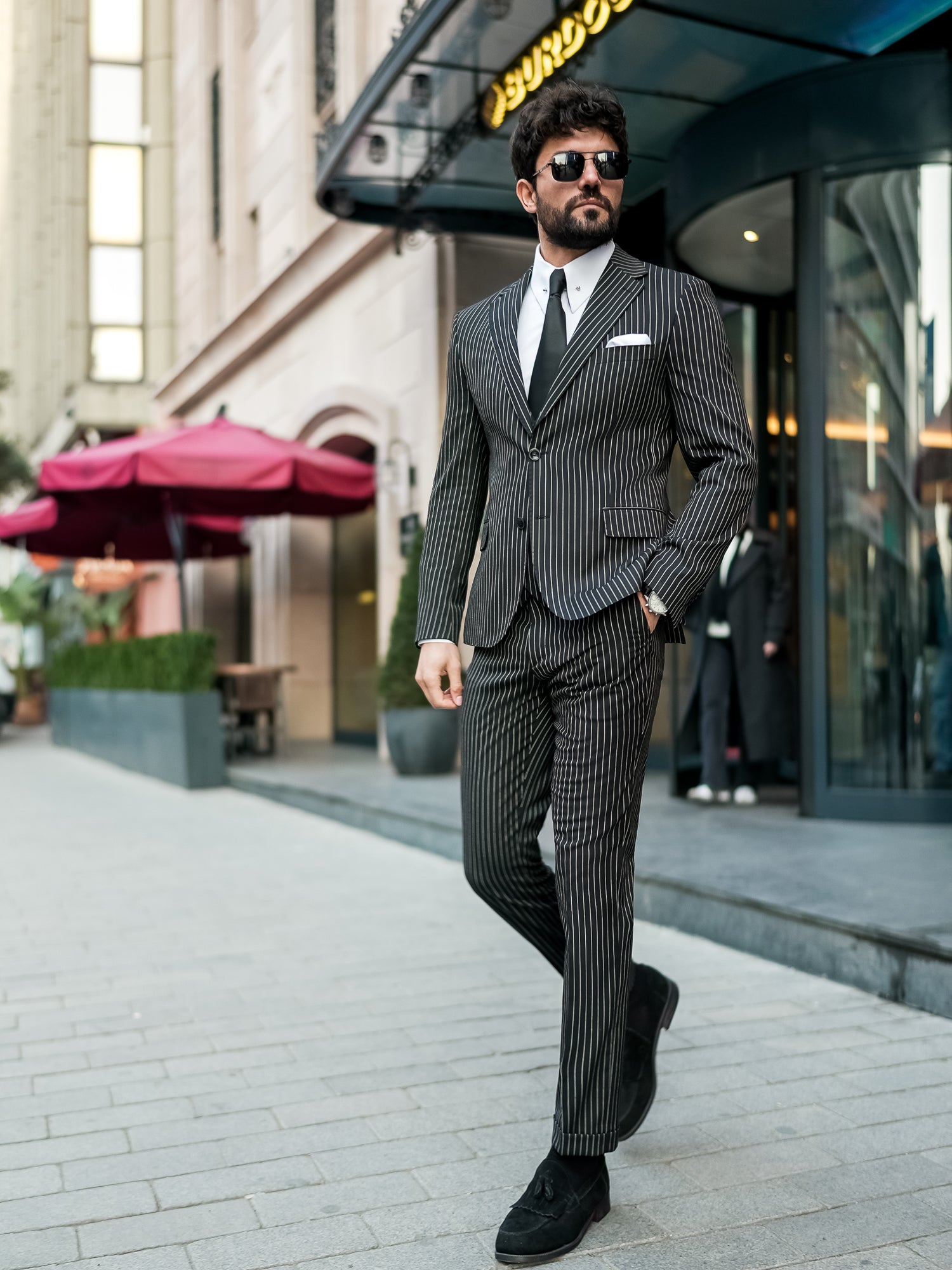 Black Striped Slim-Fit Suit 3-Piece