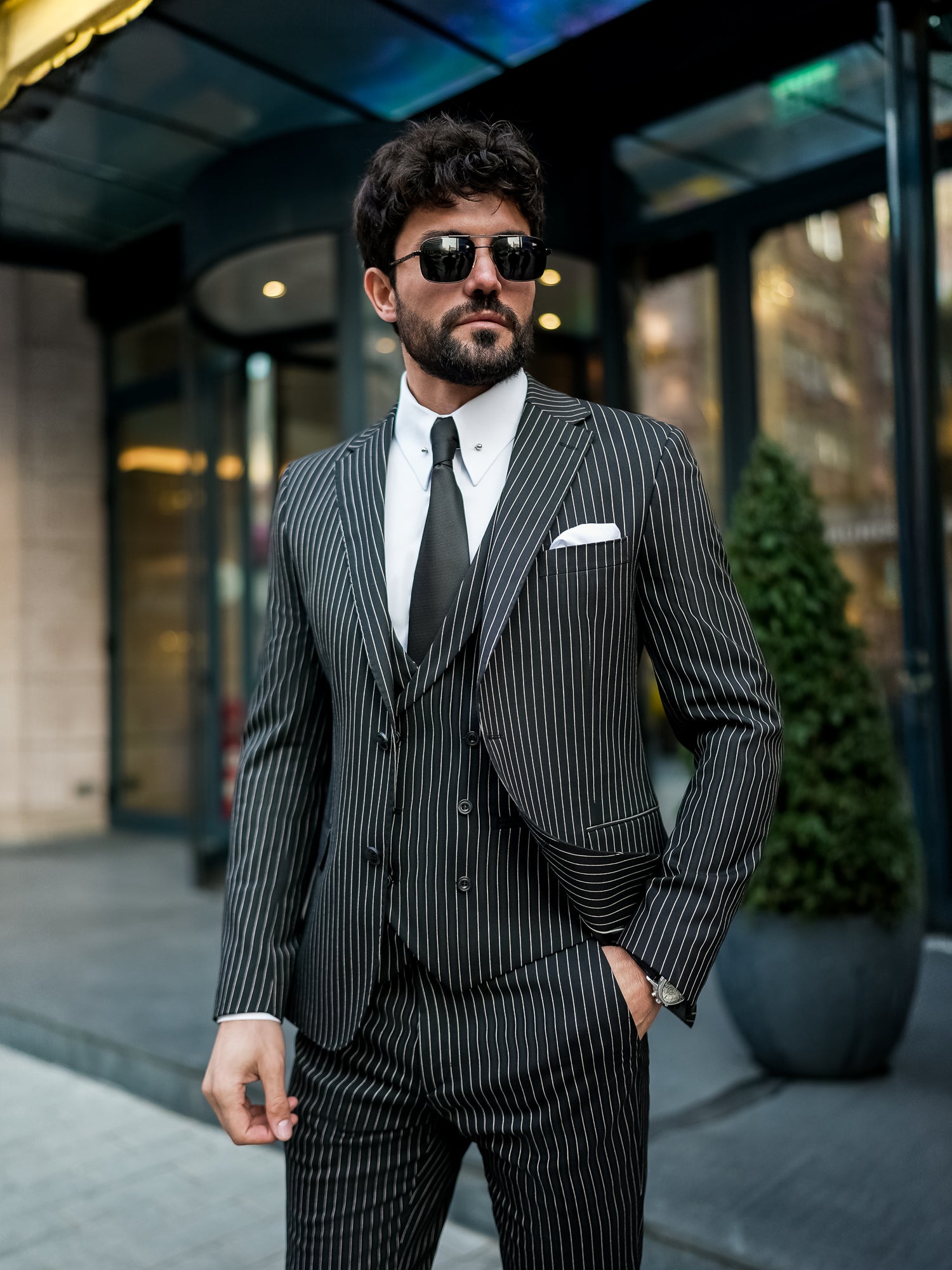 Black Striped Slim-Fit Suit 3-Piece