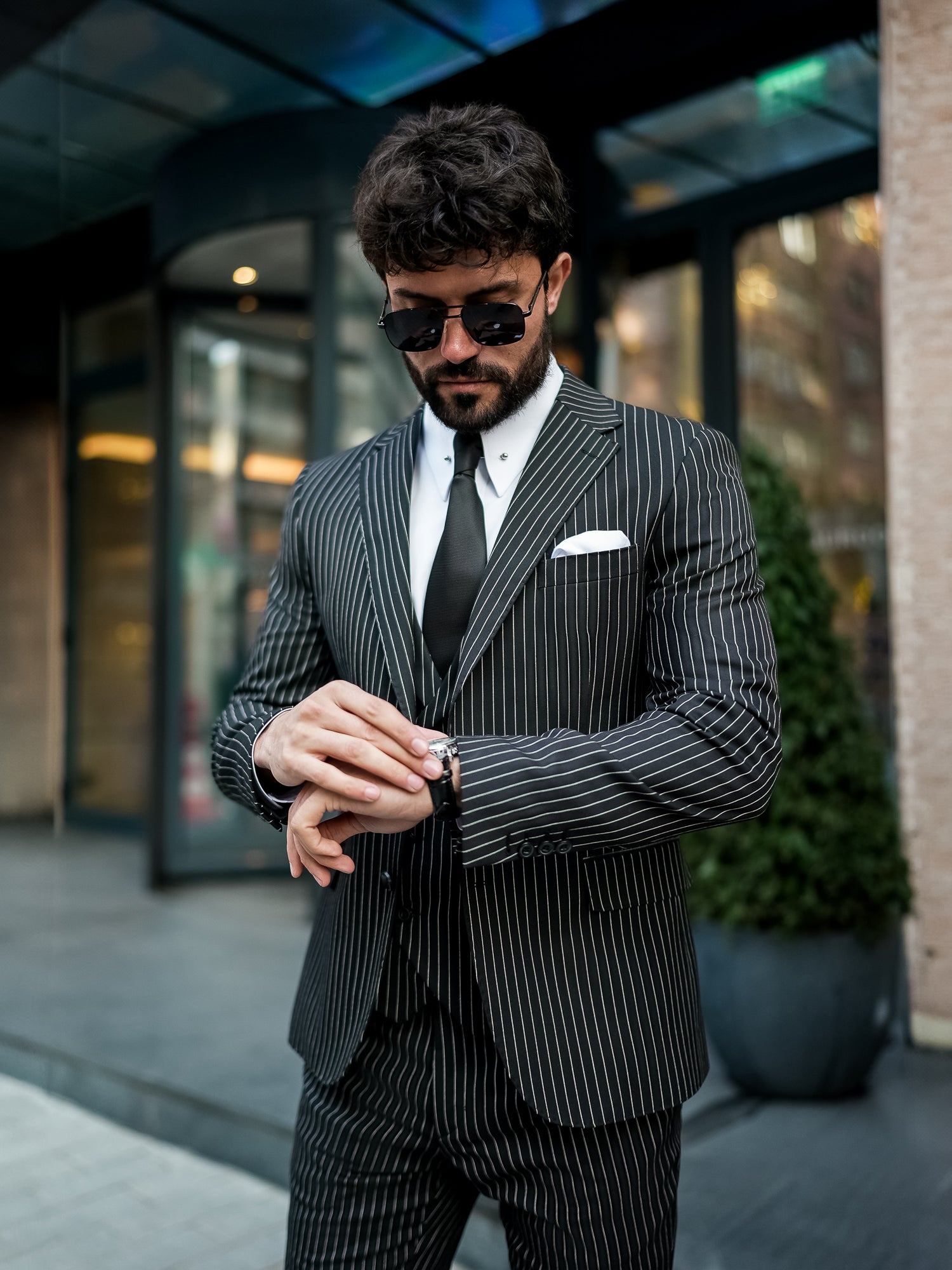 Black Striped Slim-Fit Suit 3-Piece