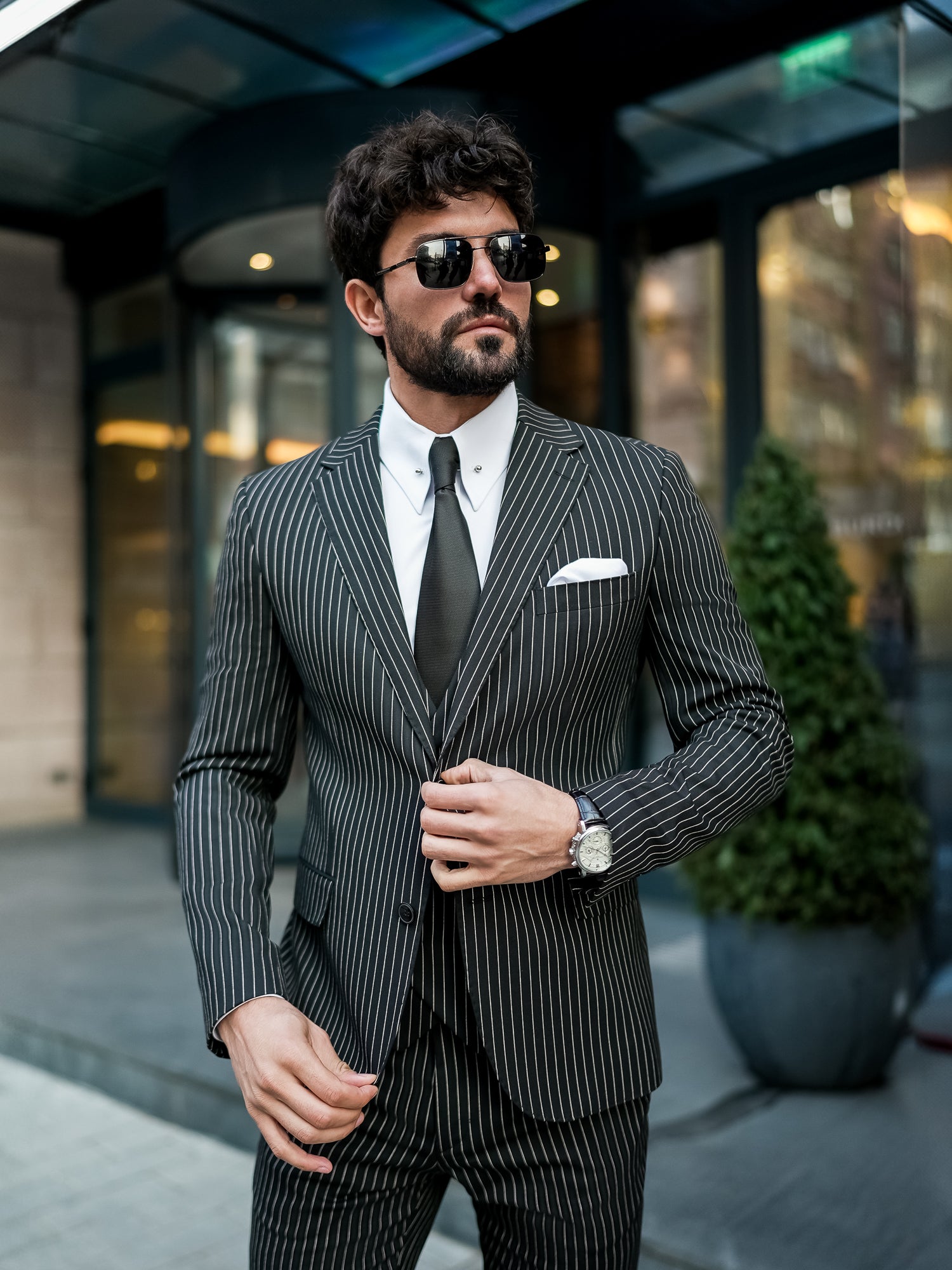 Black Striped Slim-Fit Suit 3-Piece