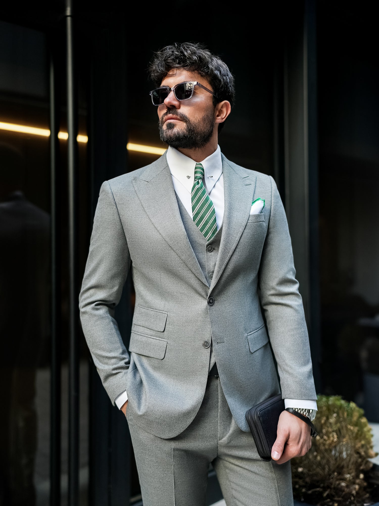 Grey Striped Slim-Fit Suit 3-Piece