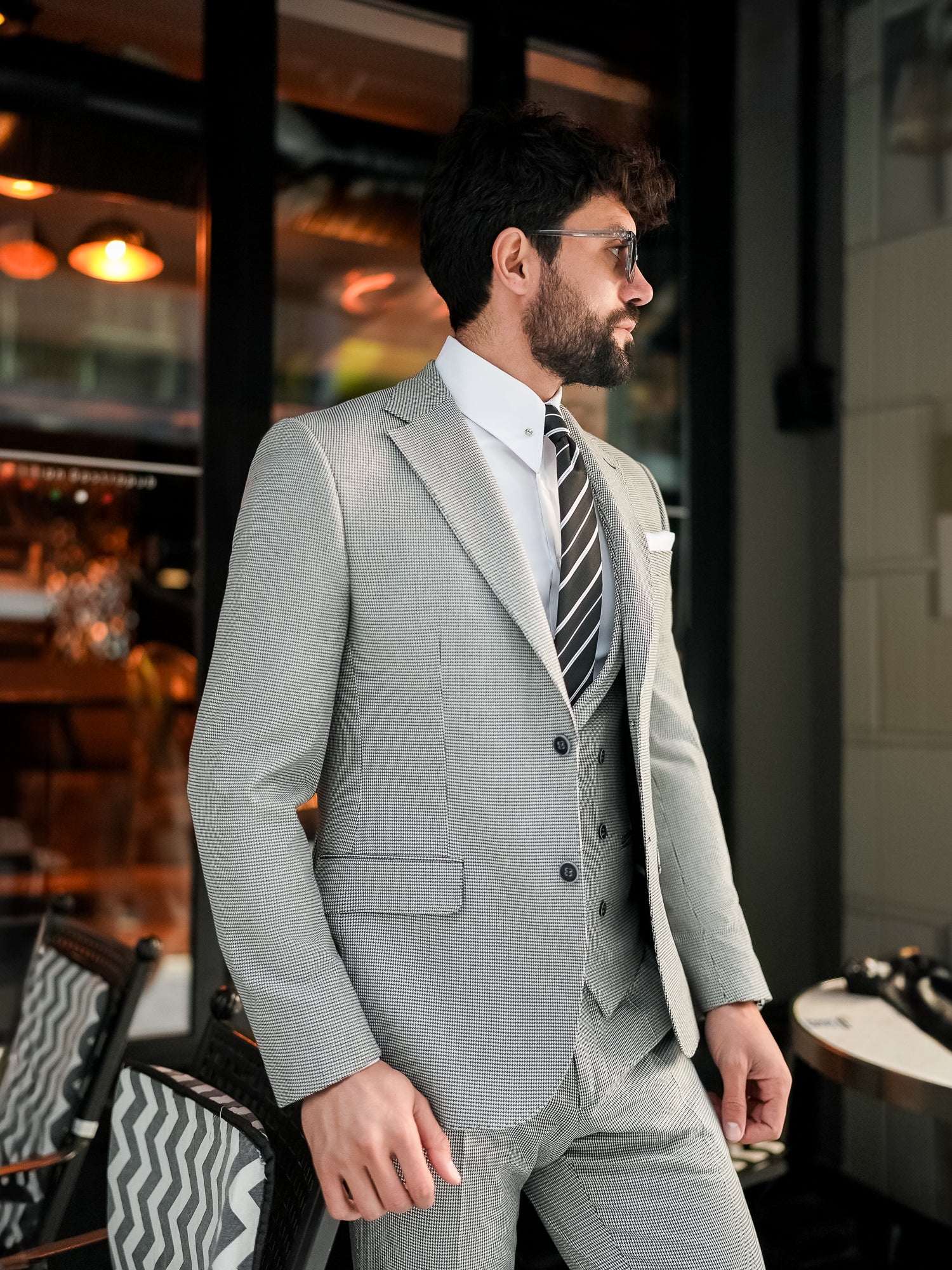 White Houndstooth Slim-Fit Suit 3-Piece