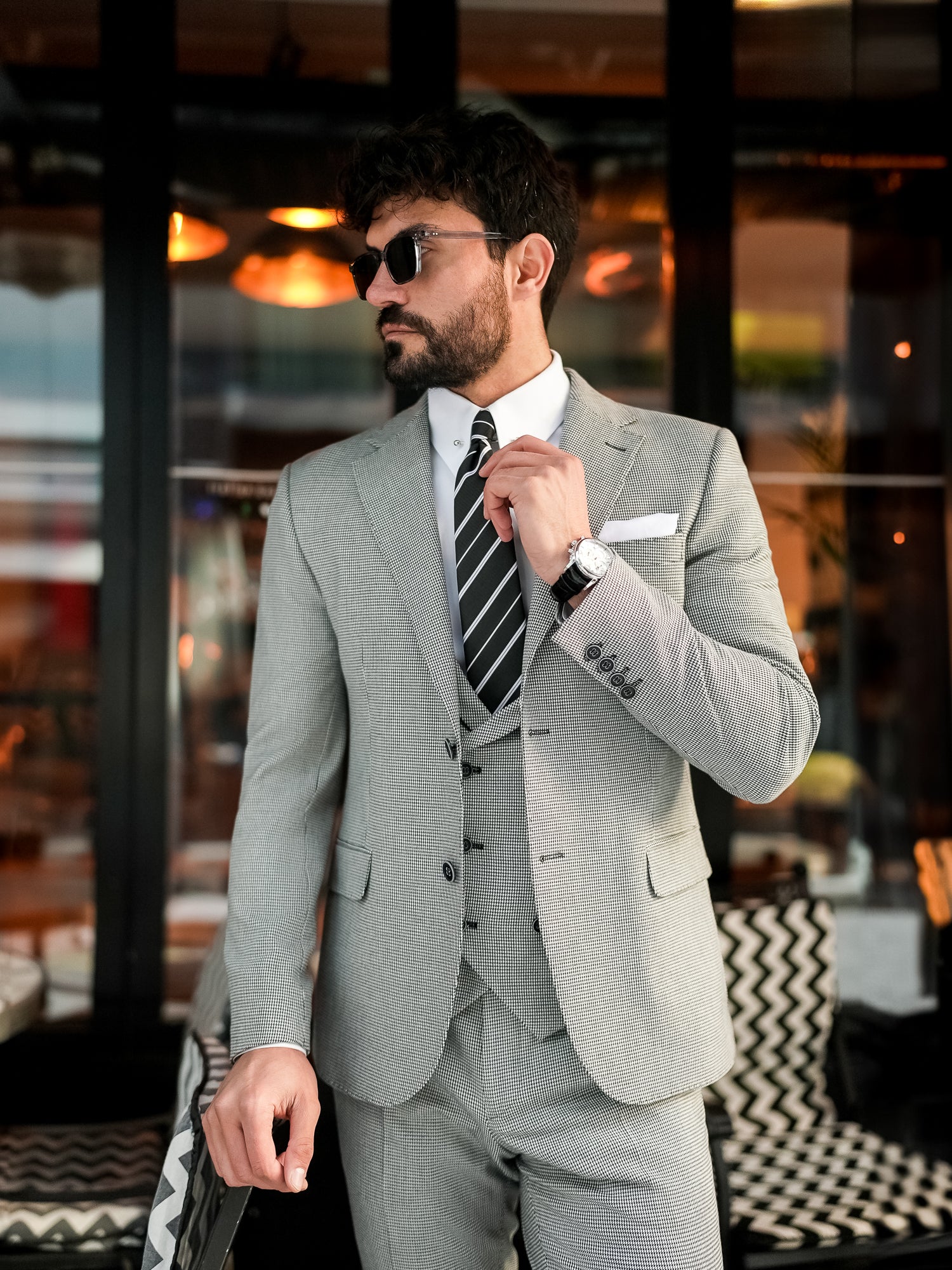White Houndstooth Slim-Fit Suit 3-Piece