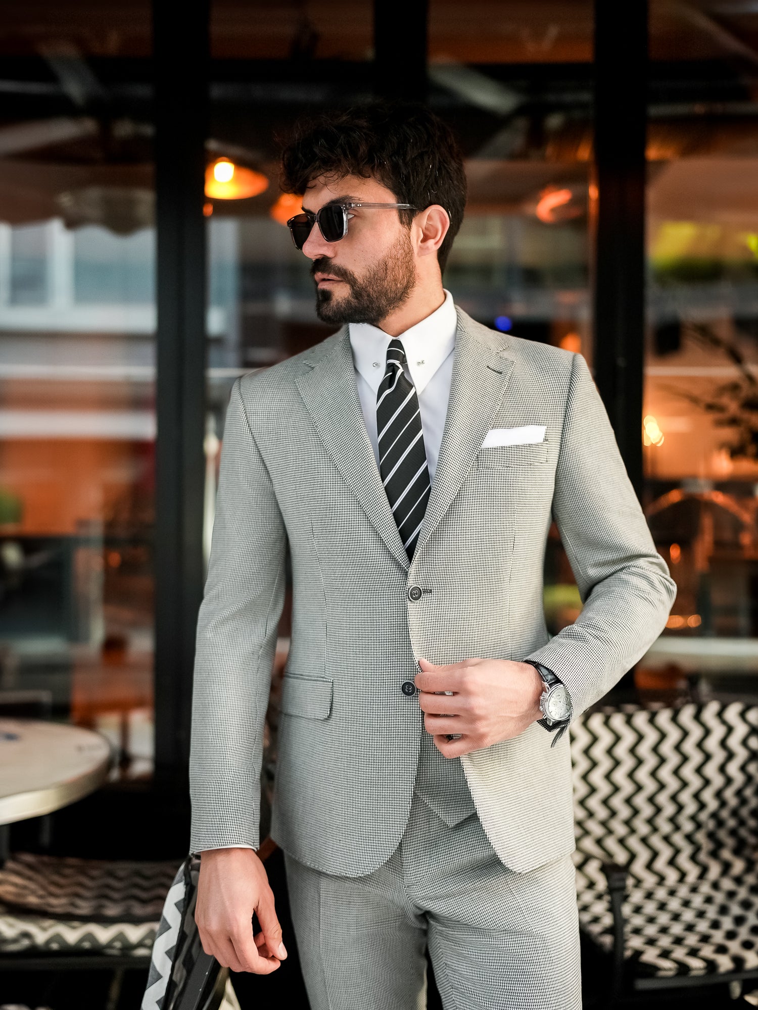 White Houndstooth Slim-Fit Suit 3-Piece