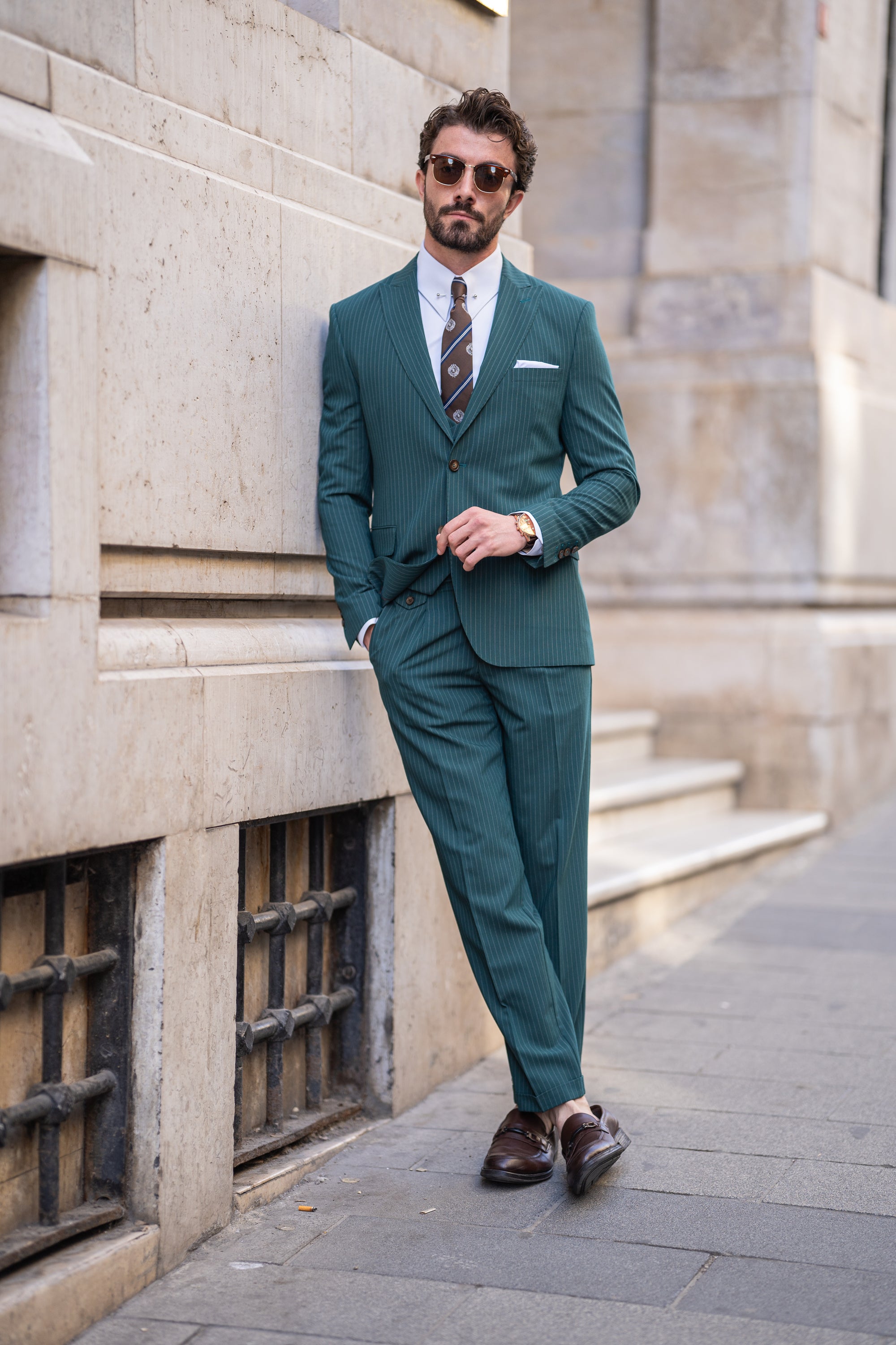 Green Striped Modern-Fit Suit 3-Piece