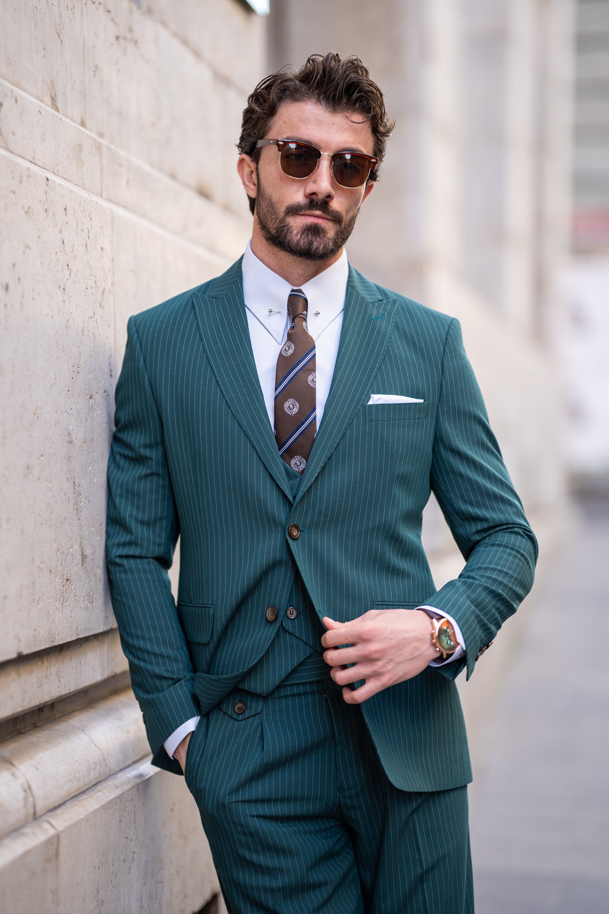 Green Striped Modern-Fit Suit 3-Piece