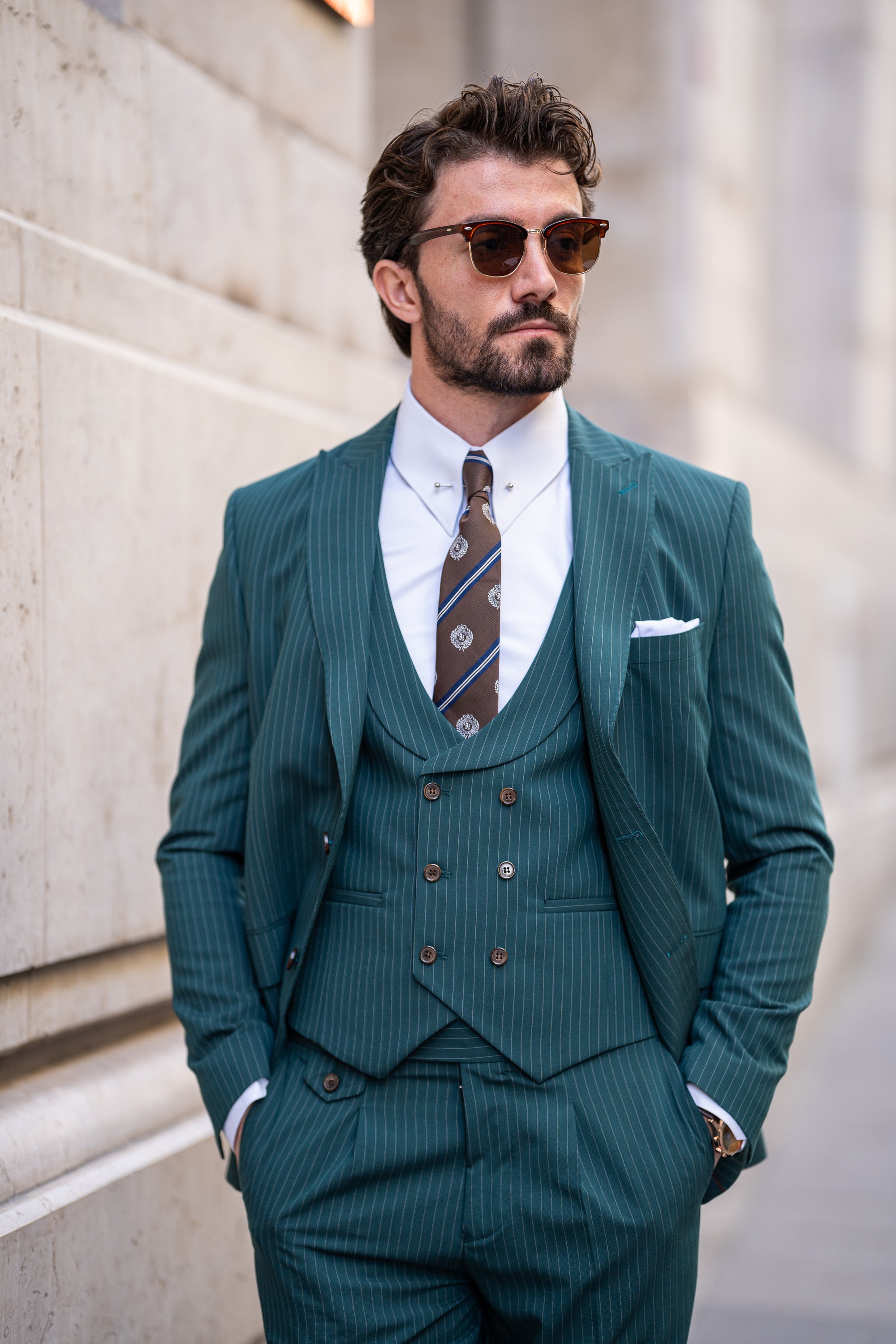 Green Striped Modern-Fit Suit 3-Piece