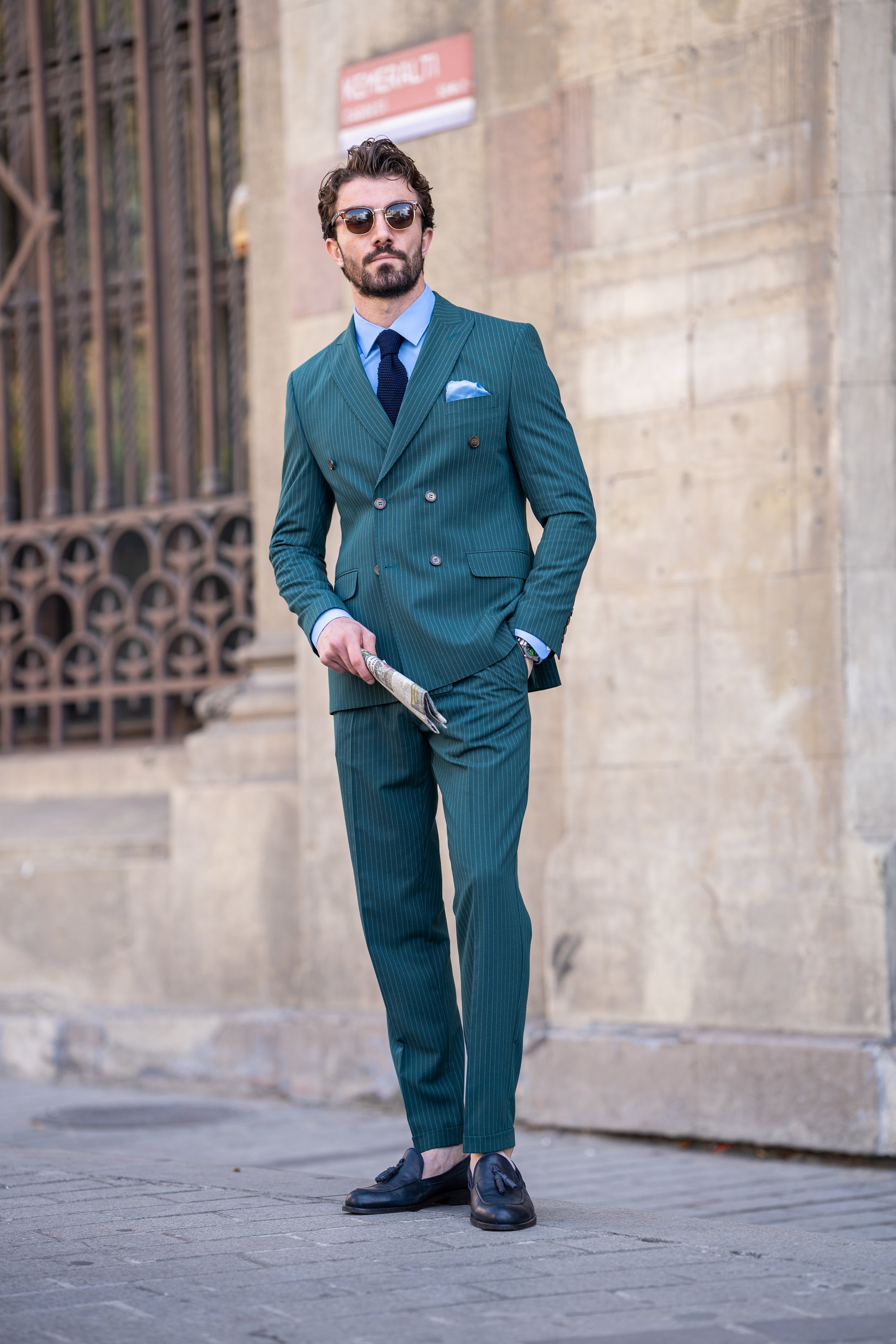 Green Striped Double Breasted Suit 2-Piece