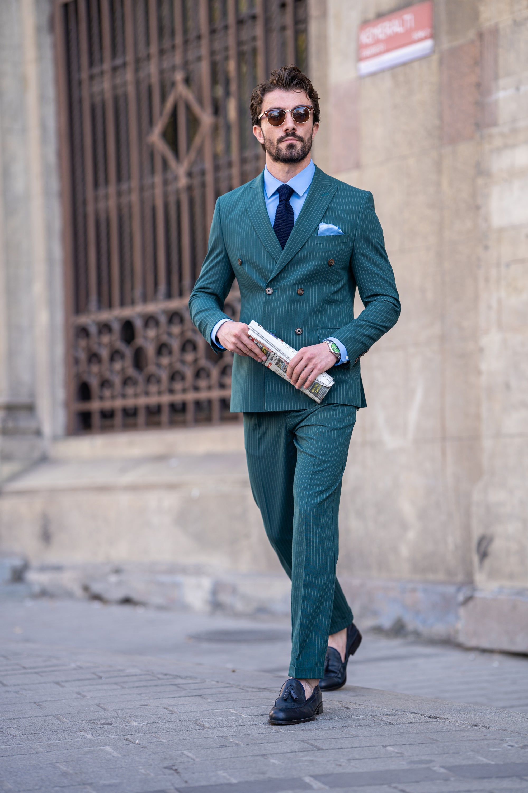 Green Striped Double Breasted Suit 2-Piece