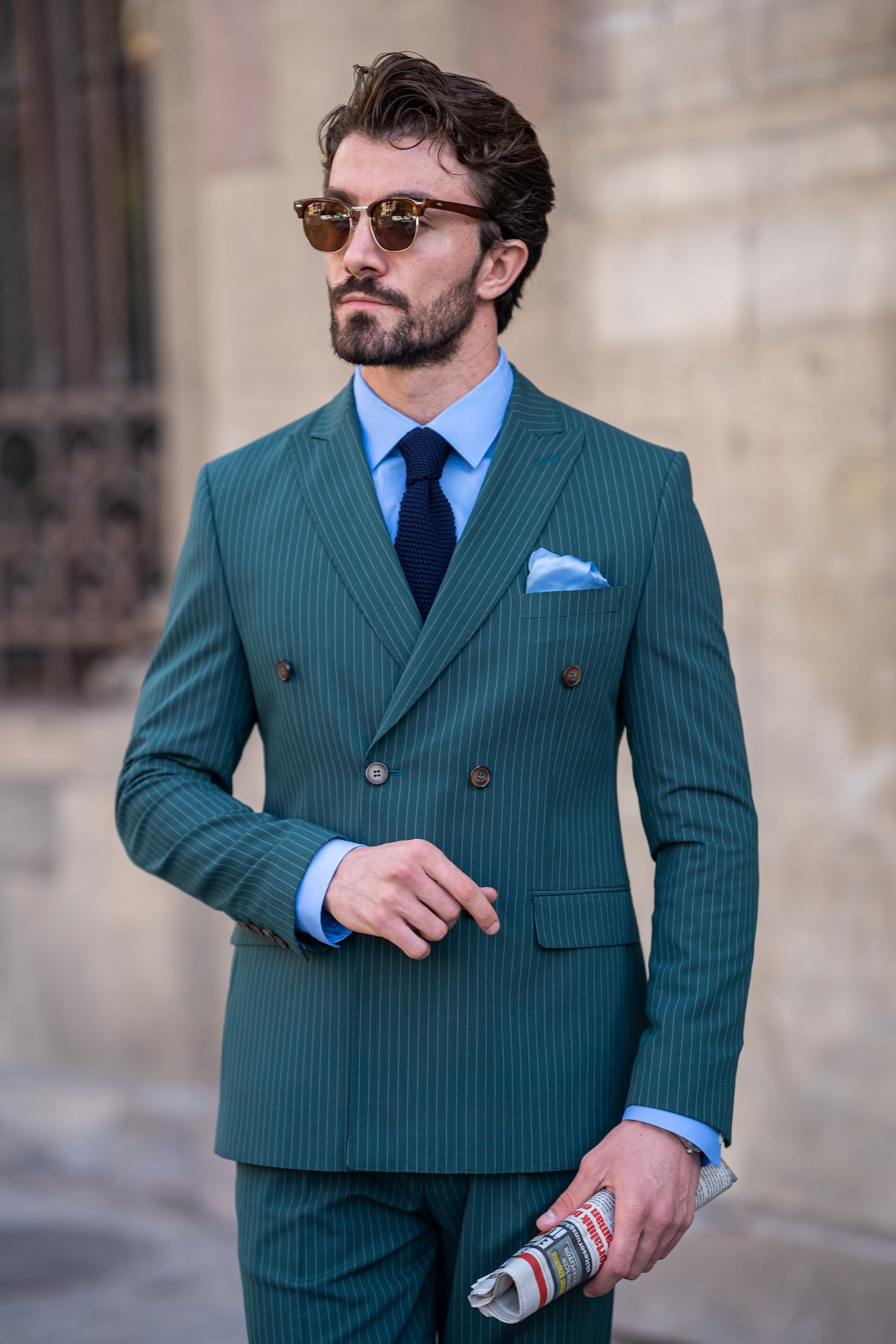 Green Striped Double Breasted Suit 2-Piece