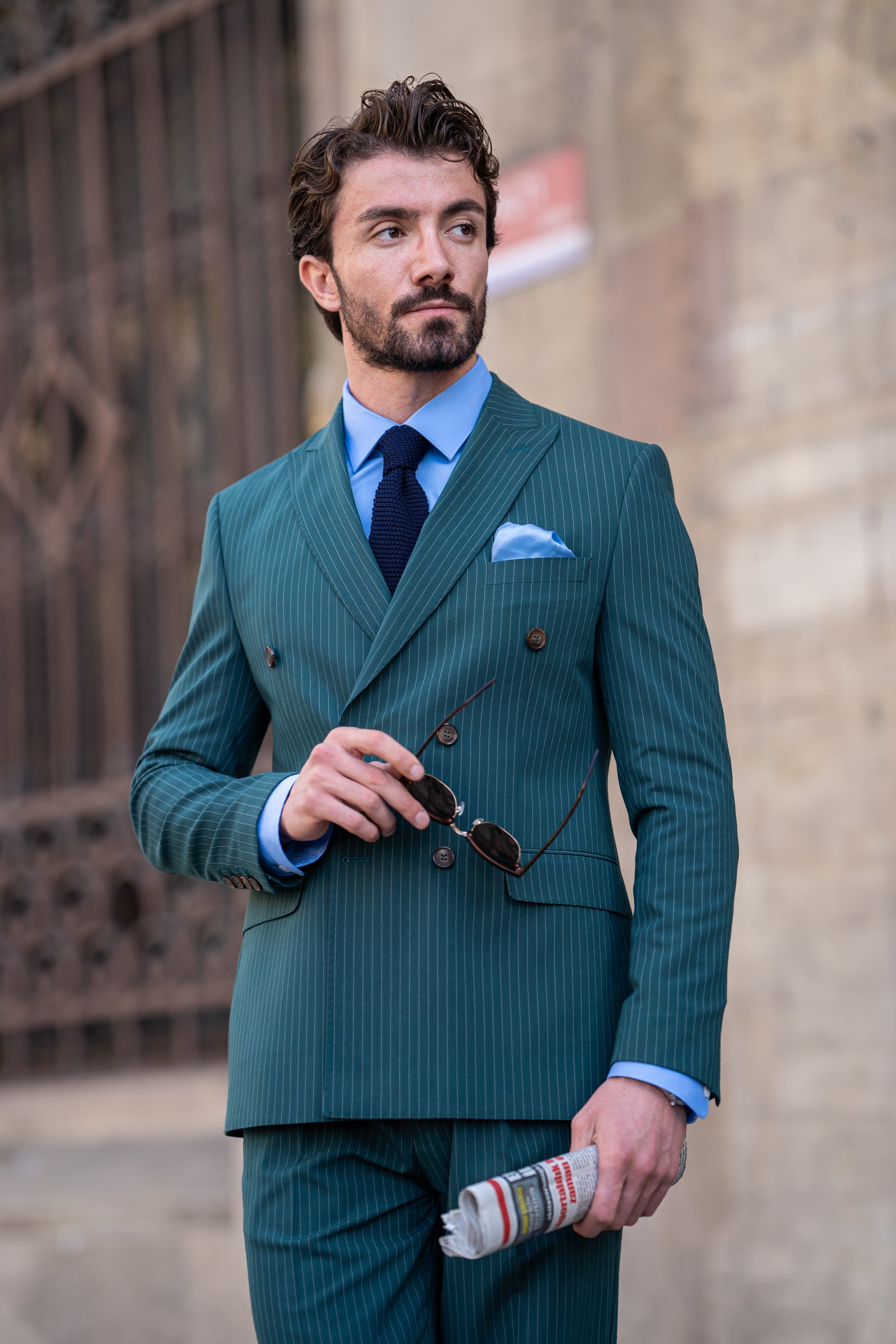 Green Striped Double Breasted Suit 2-Piece