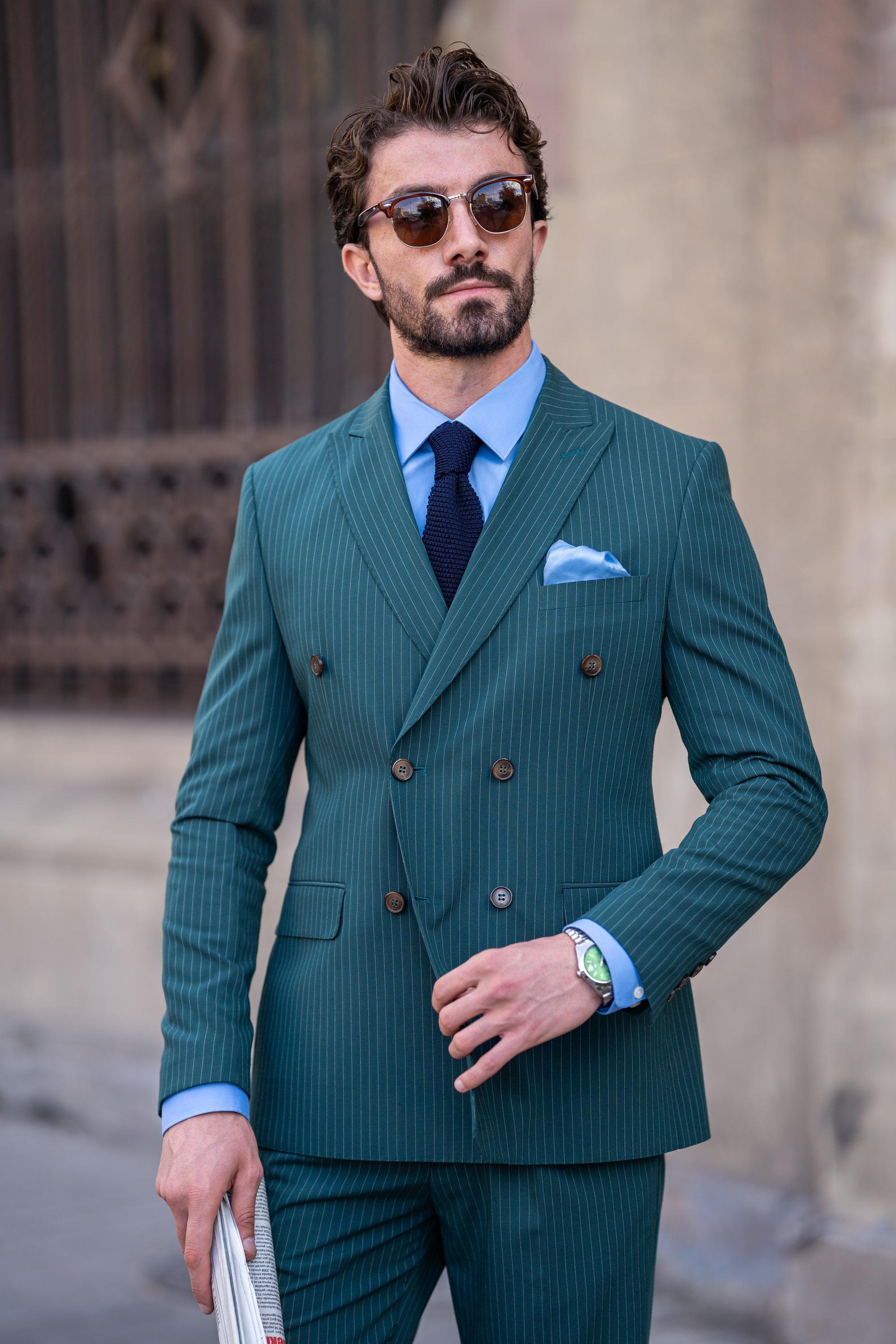 Green Striped Double Breasted Suit 2-Piece