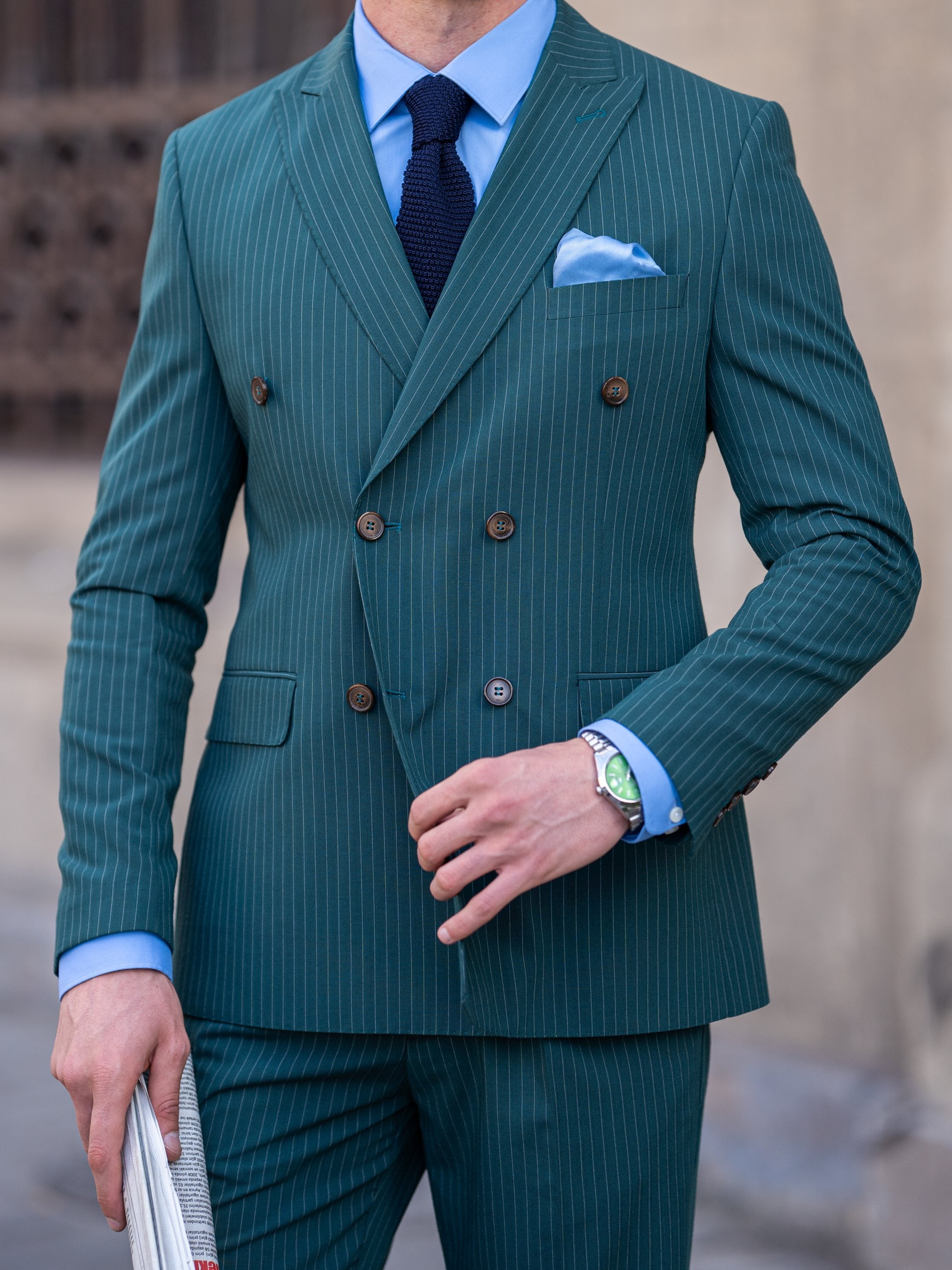 Green Striped Double Breasted Suit 2-Piece