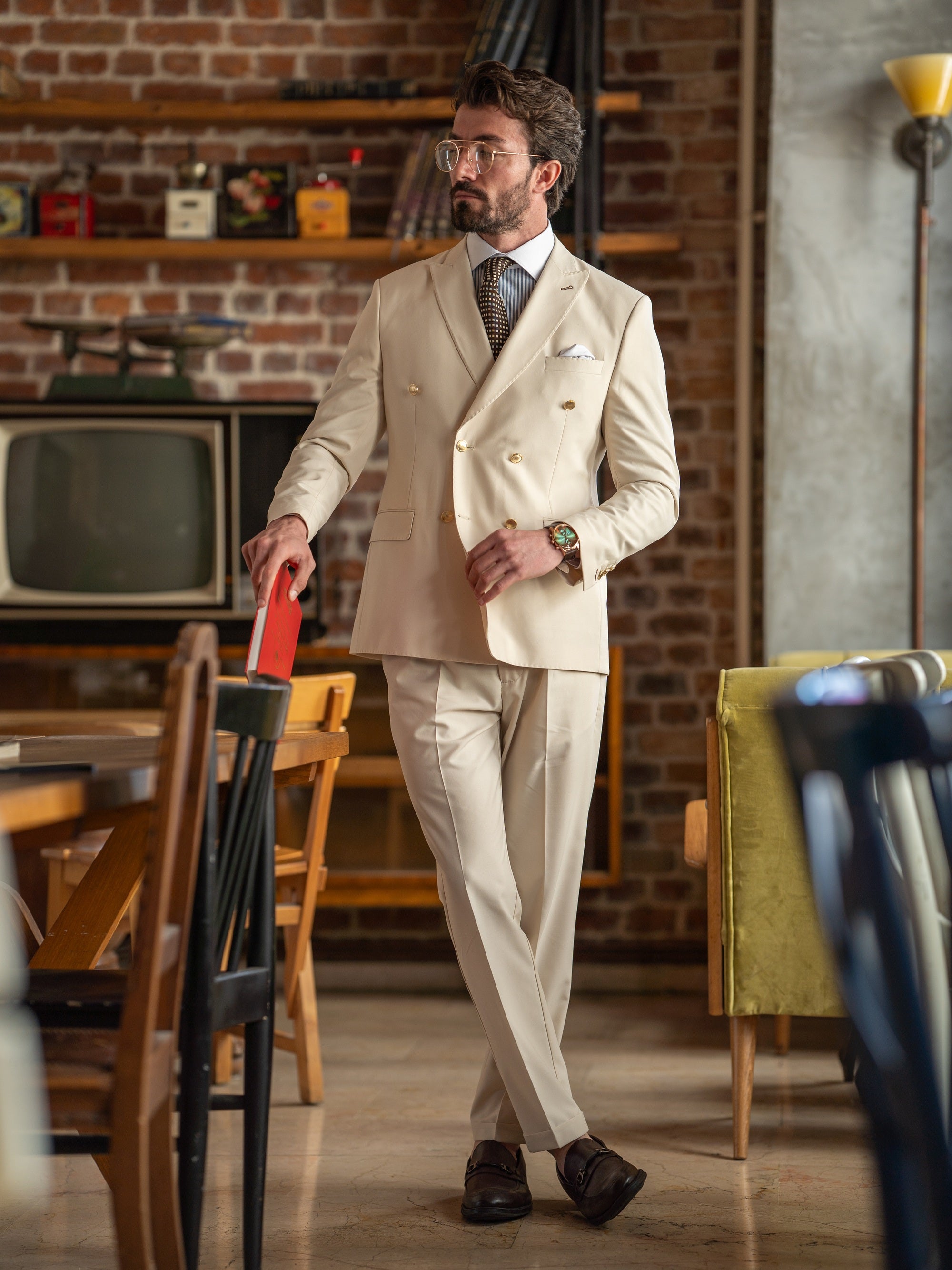 Beige Double Breasted Suit 2-Piece