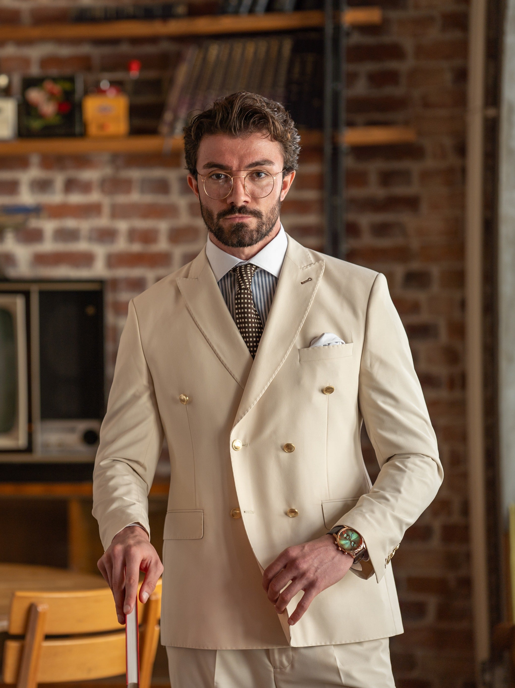 Beige Double Breasted Suit 2-Piece