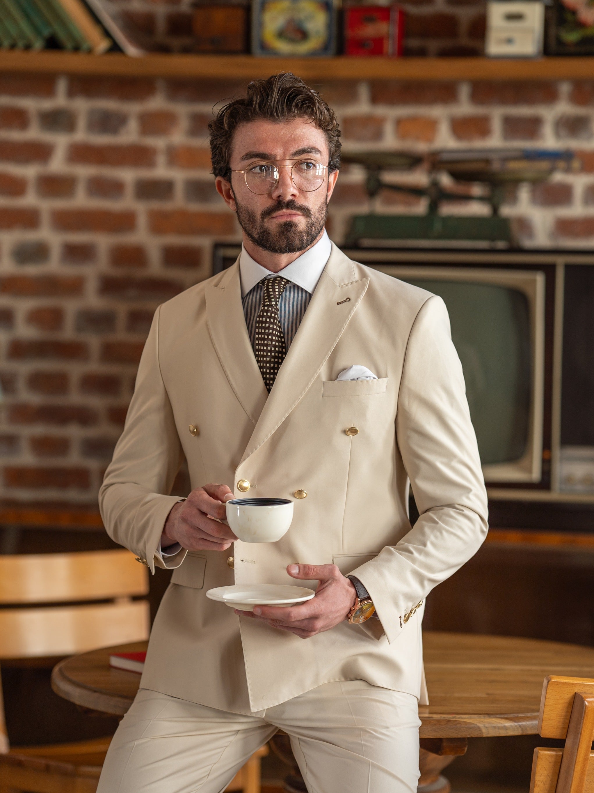 Beige Double Breasted Suit 2-Piece