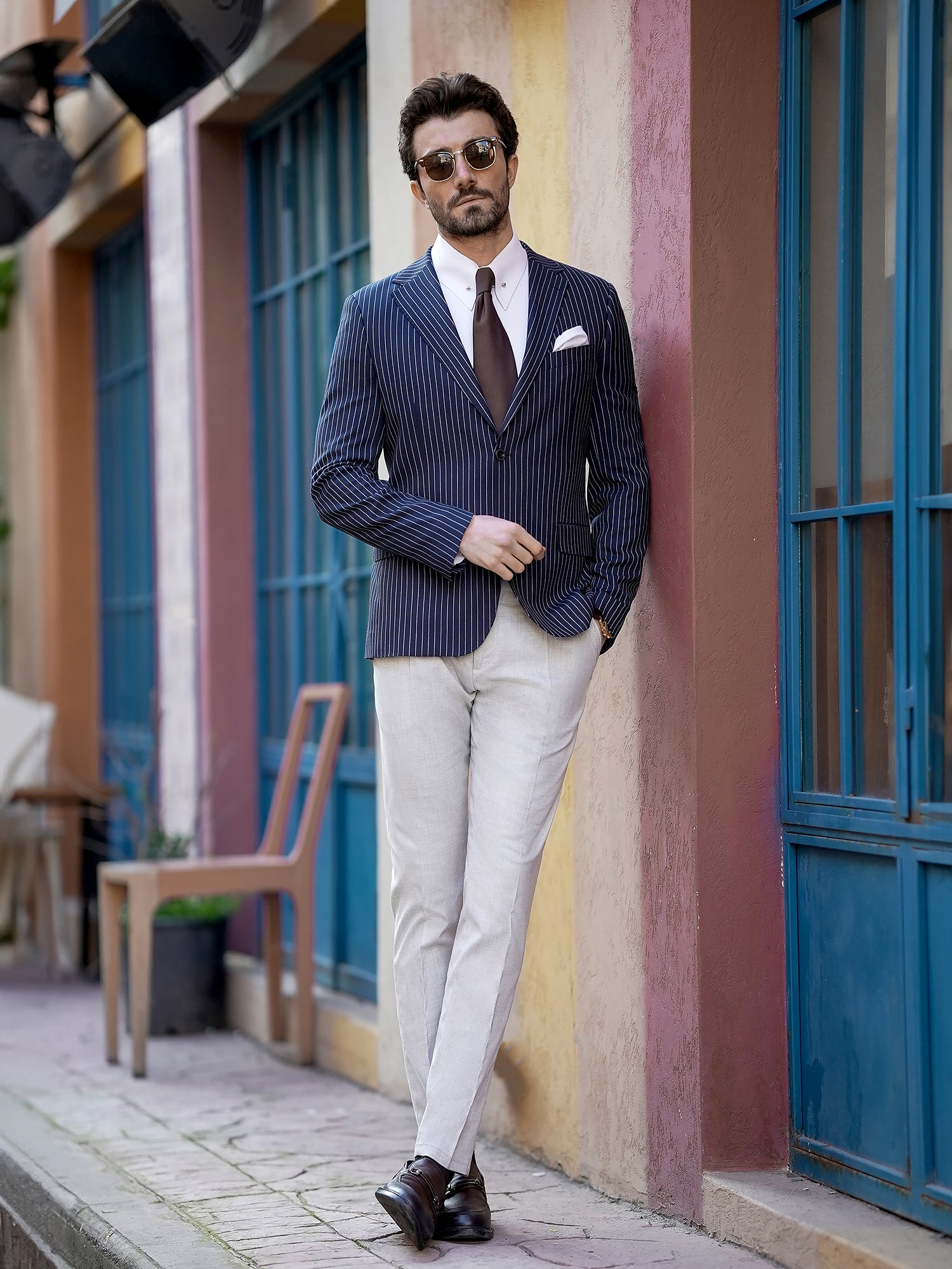 Navy Striped Single Breasted Blazer