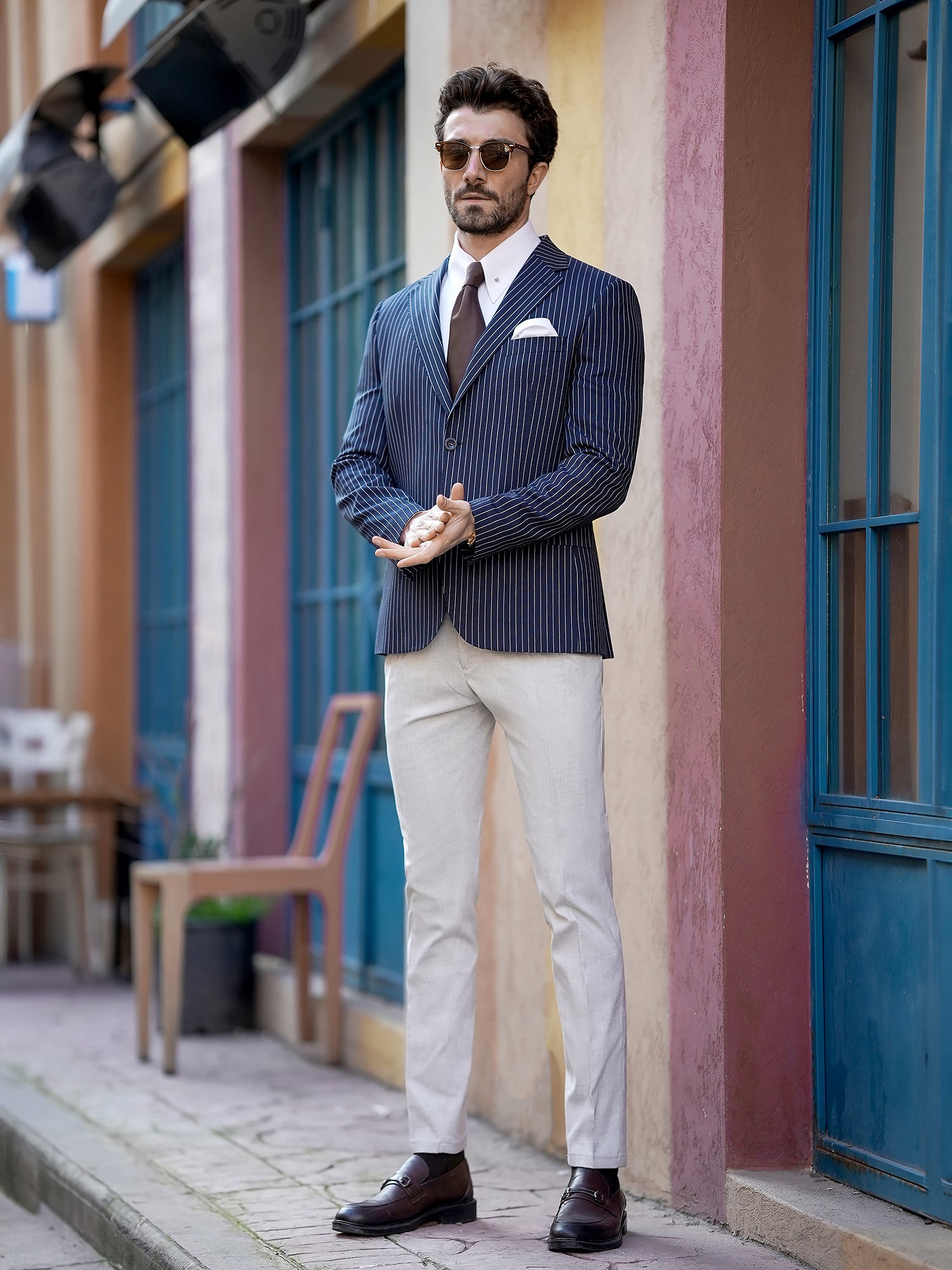 Navy Striped Single Breasted Blazer