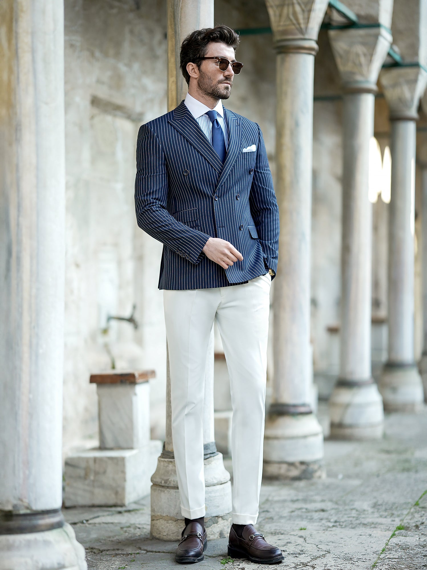 Navy Striped Double Breasted Blazer