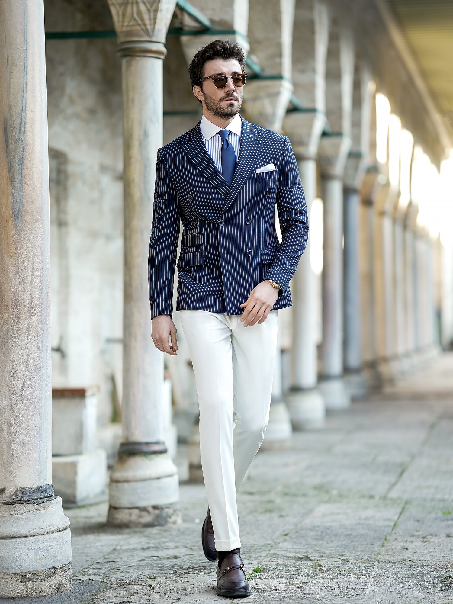 Navy Striped Double Breasted Blazer