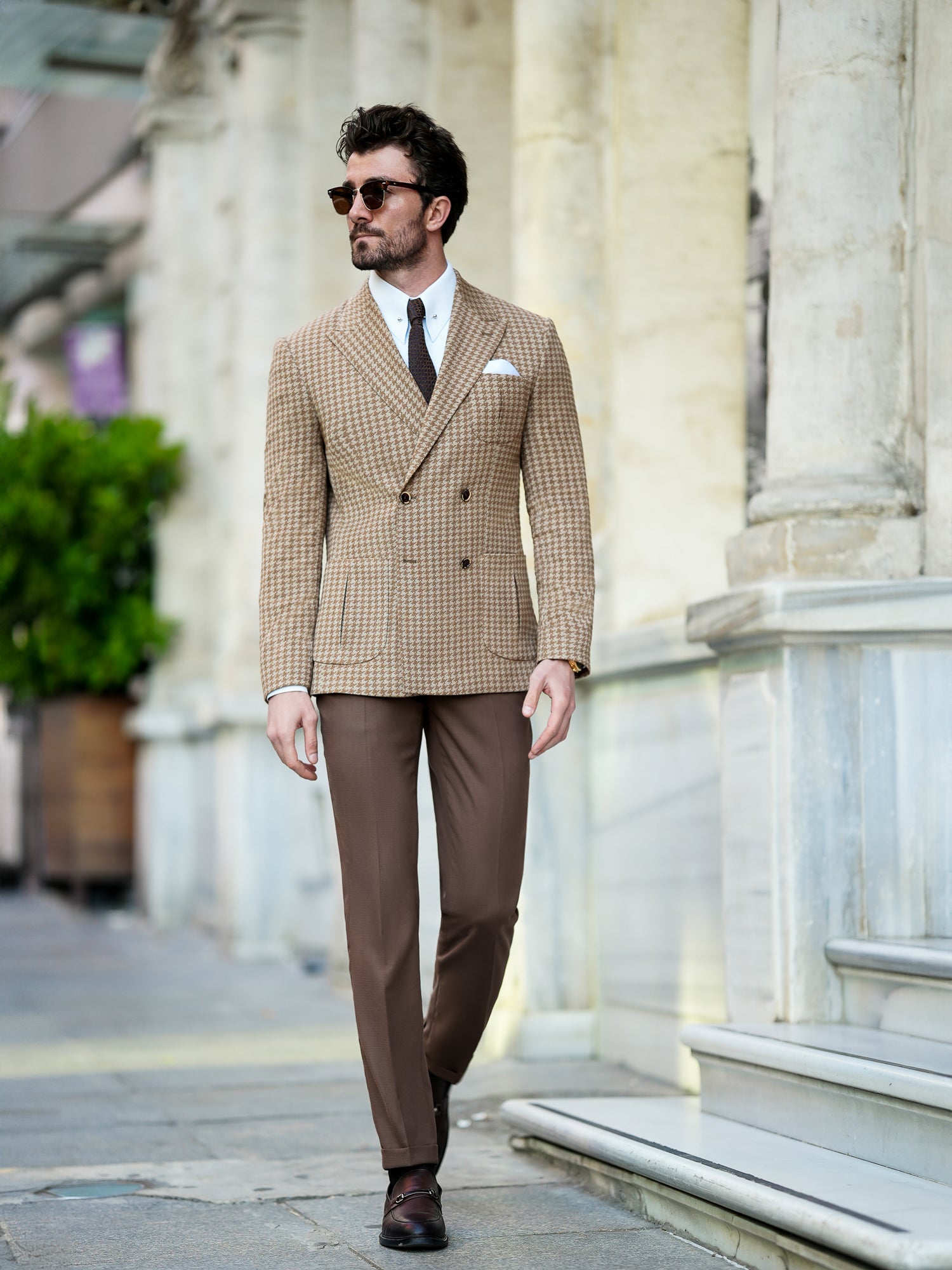 Brown Houndstooth Double Breasted Blazer