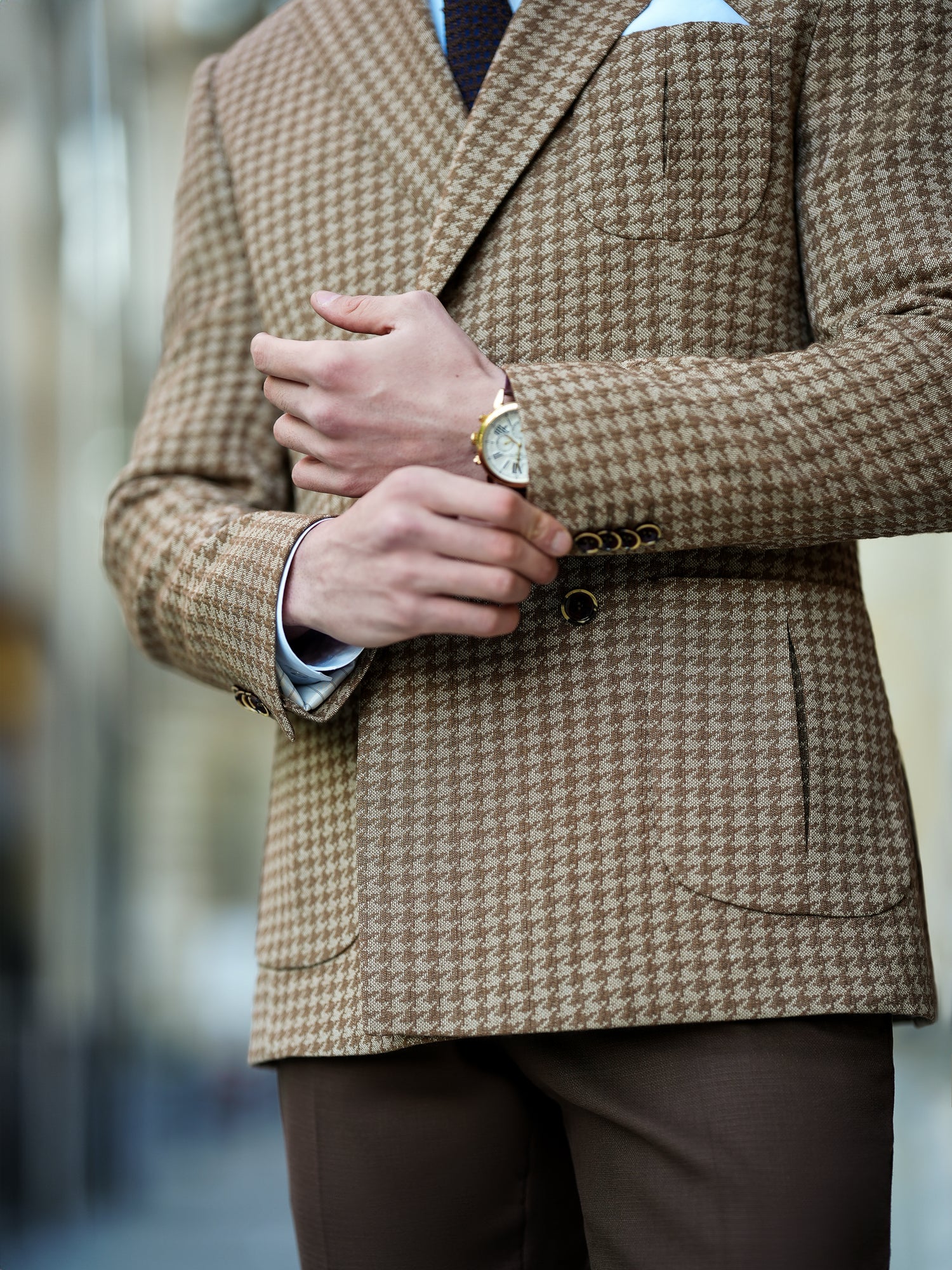 Brown Houndstooth Double Breasted Blazer