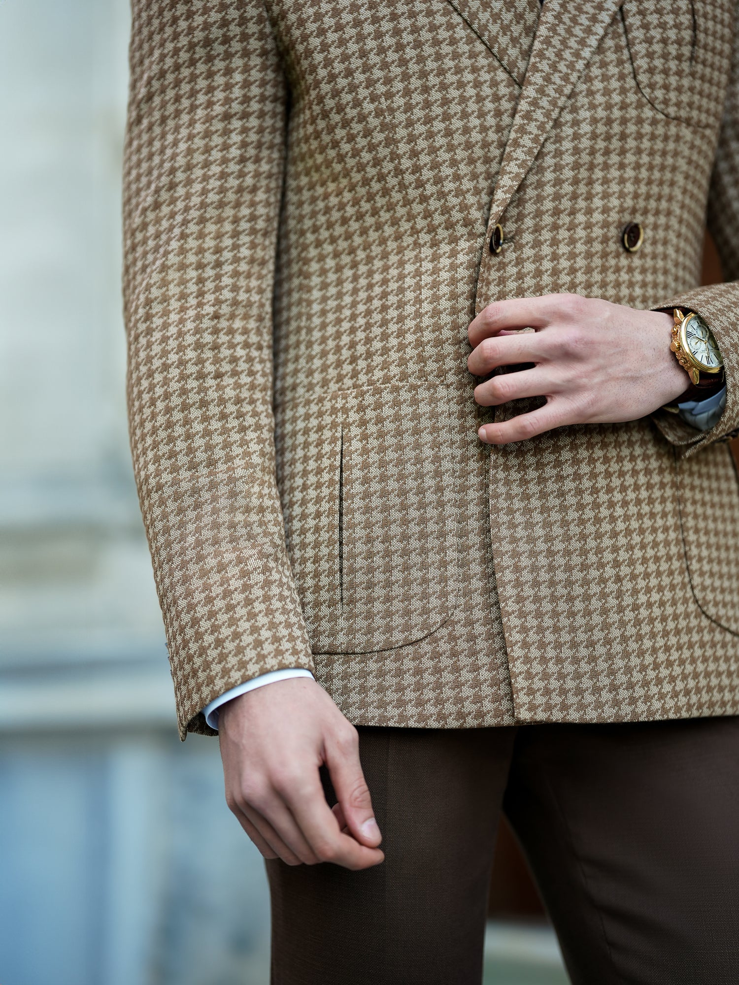 Brown Houndstooth Double Breasted Blazer