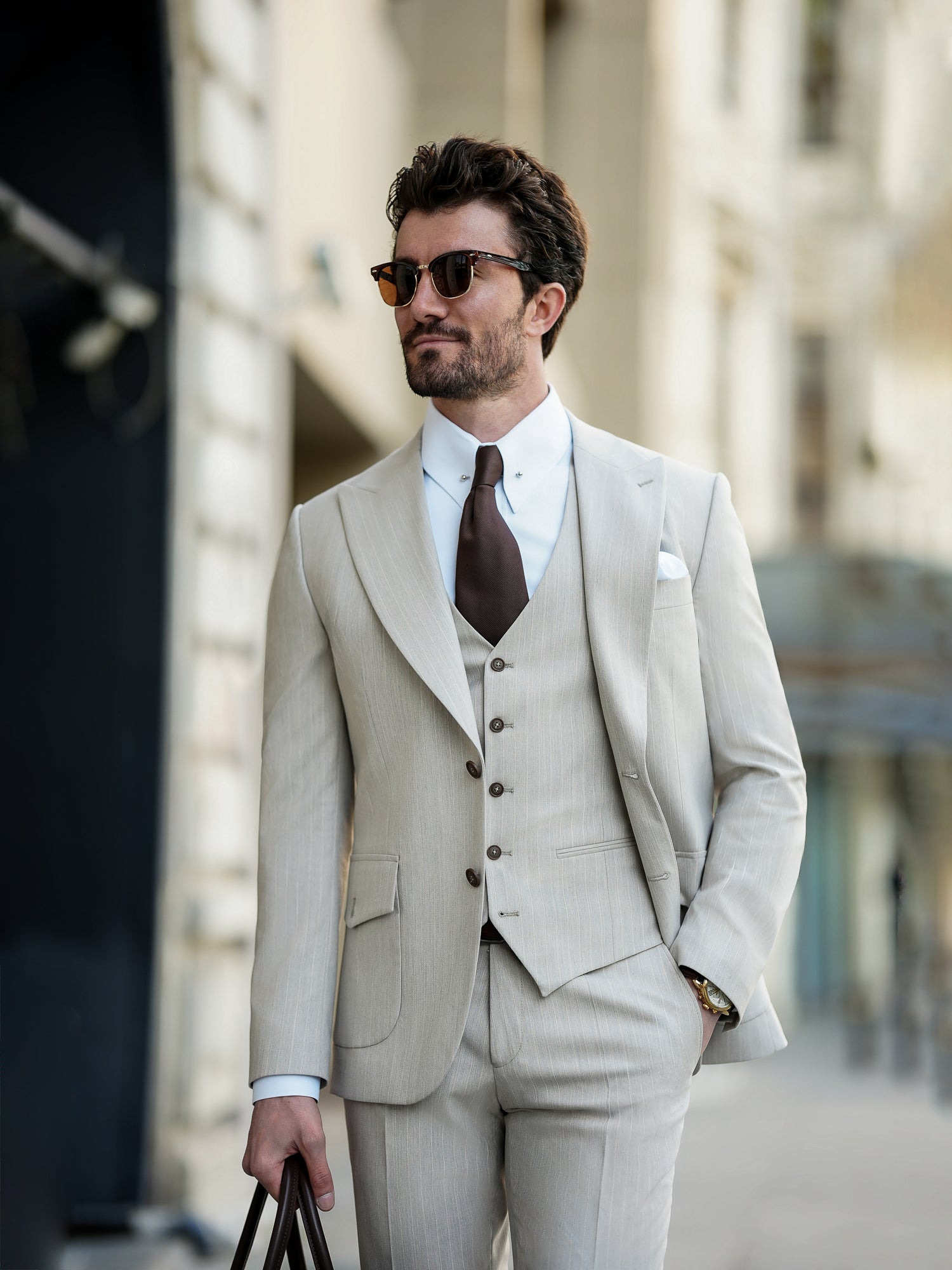Beige Striped Slim-Fit Suit 3-Piece
