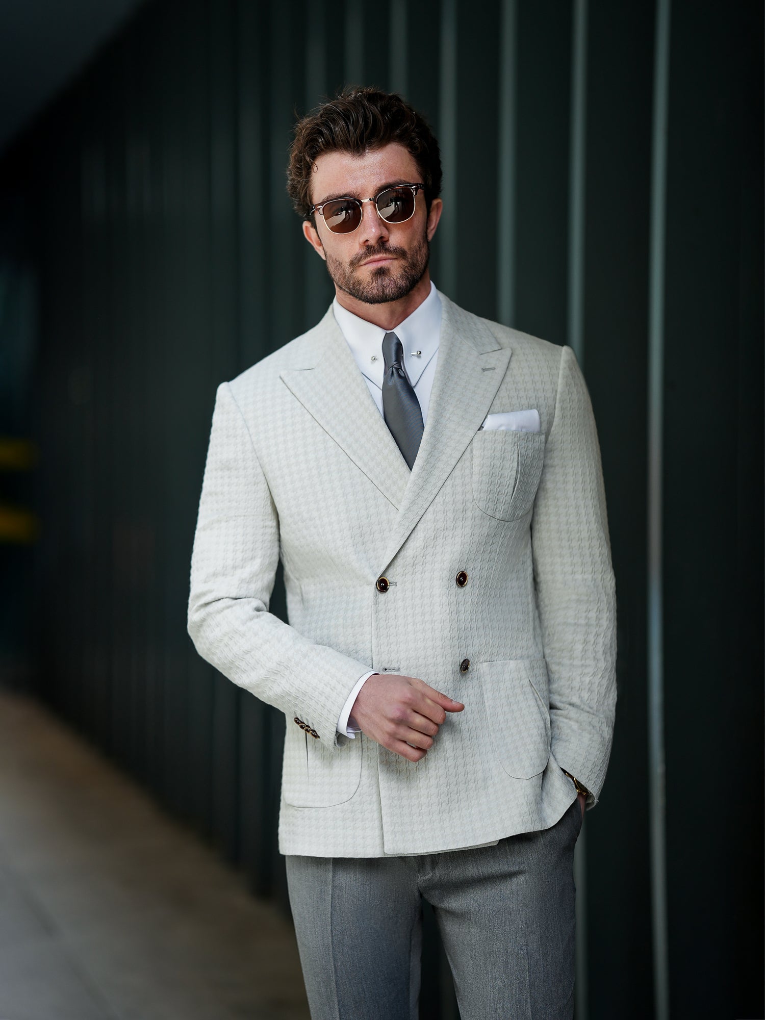 Light Grey Houndstooth Double Breasted Blazer