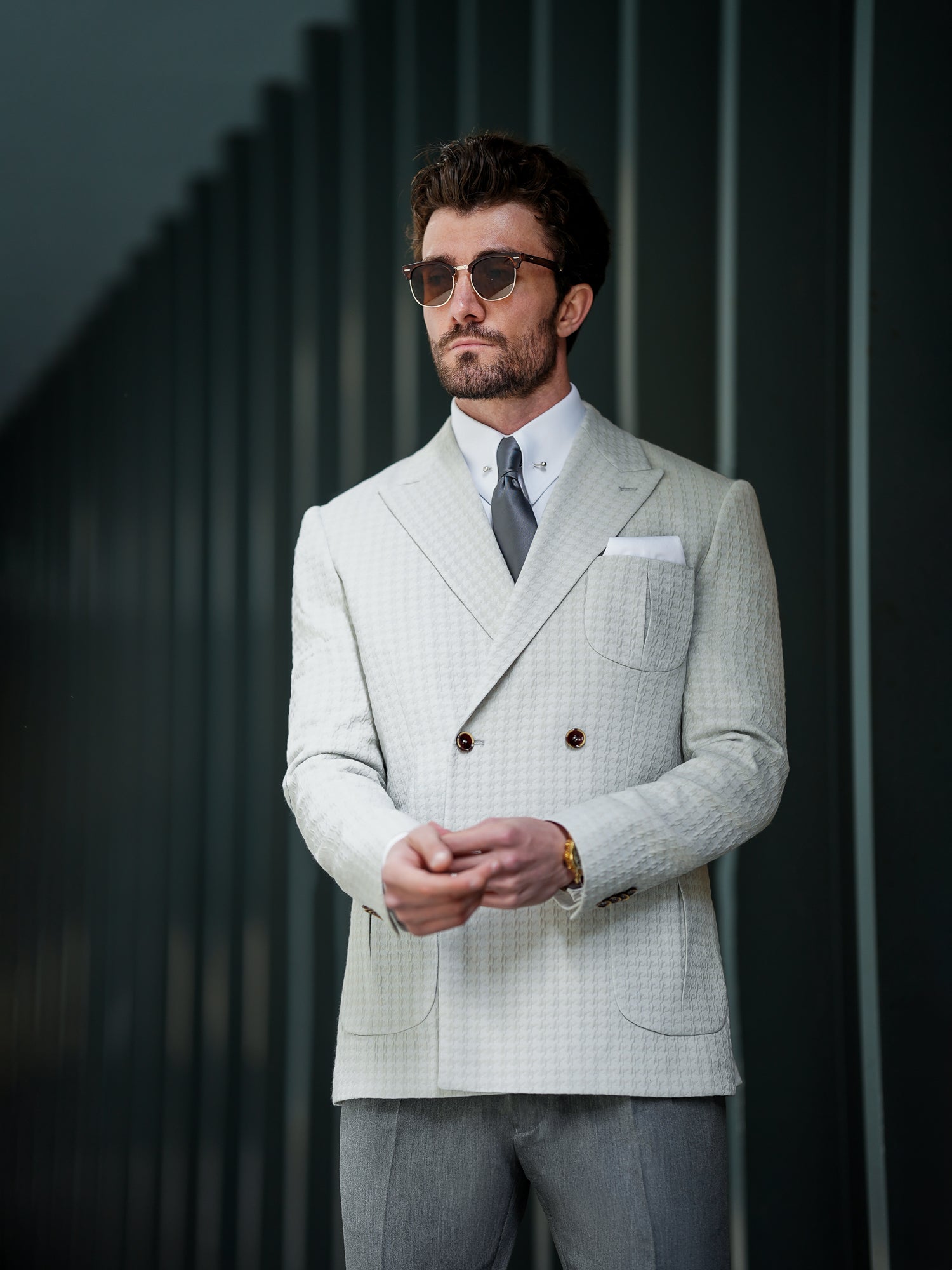 Light Grey Houndstooth Double Breasted Blazer