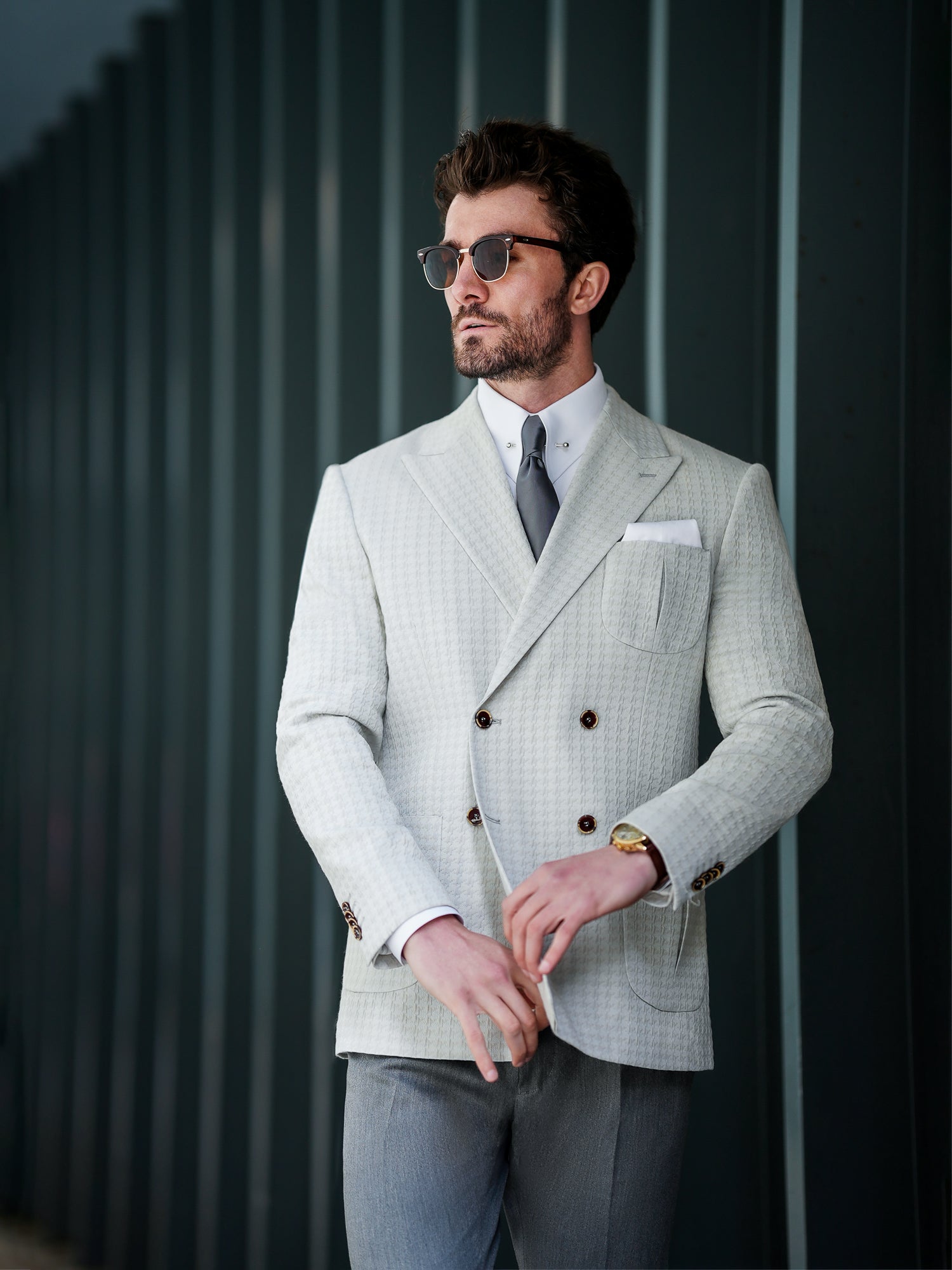 Light Grey Houndstooth Double Breasted Blazer