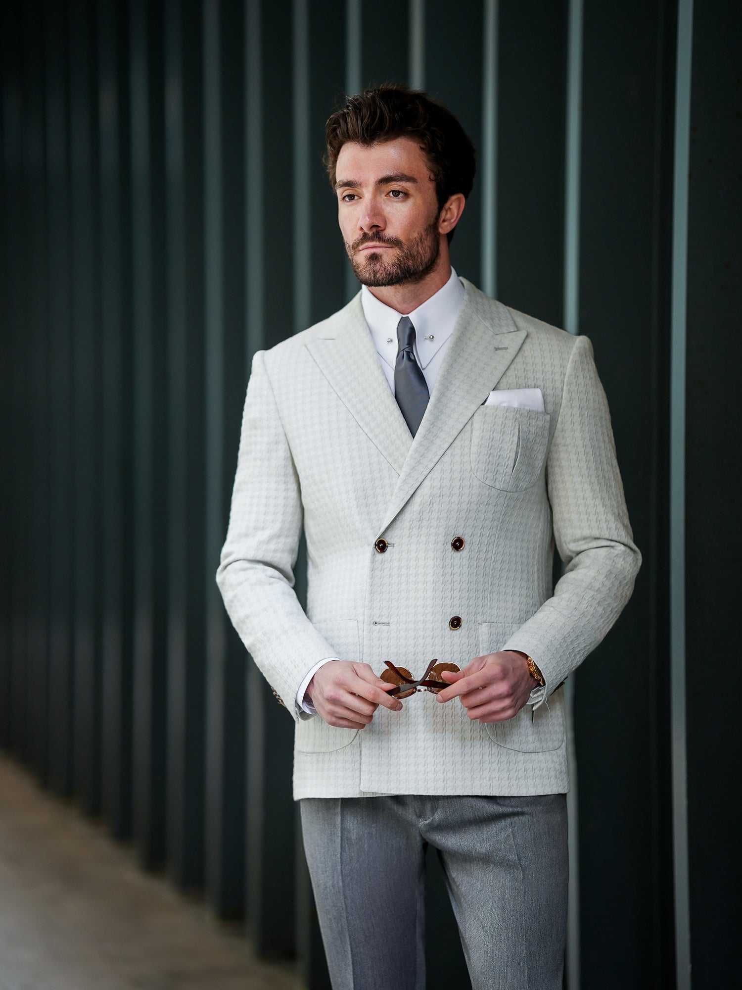 Light Grey Houndstooth Double Breasted Blazer