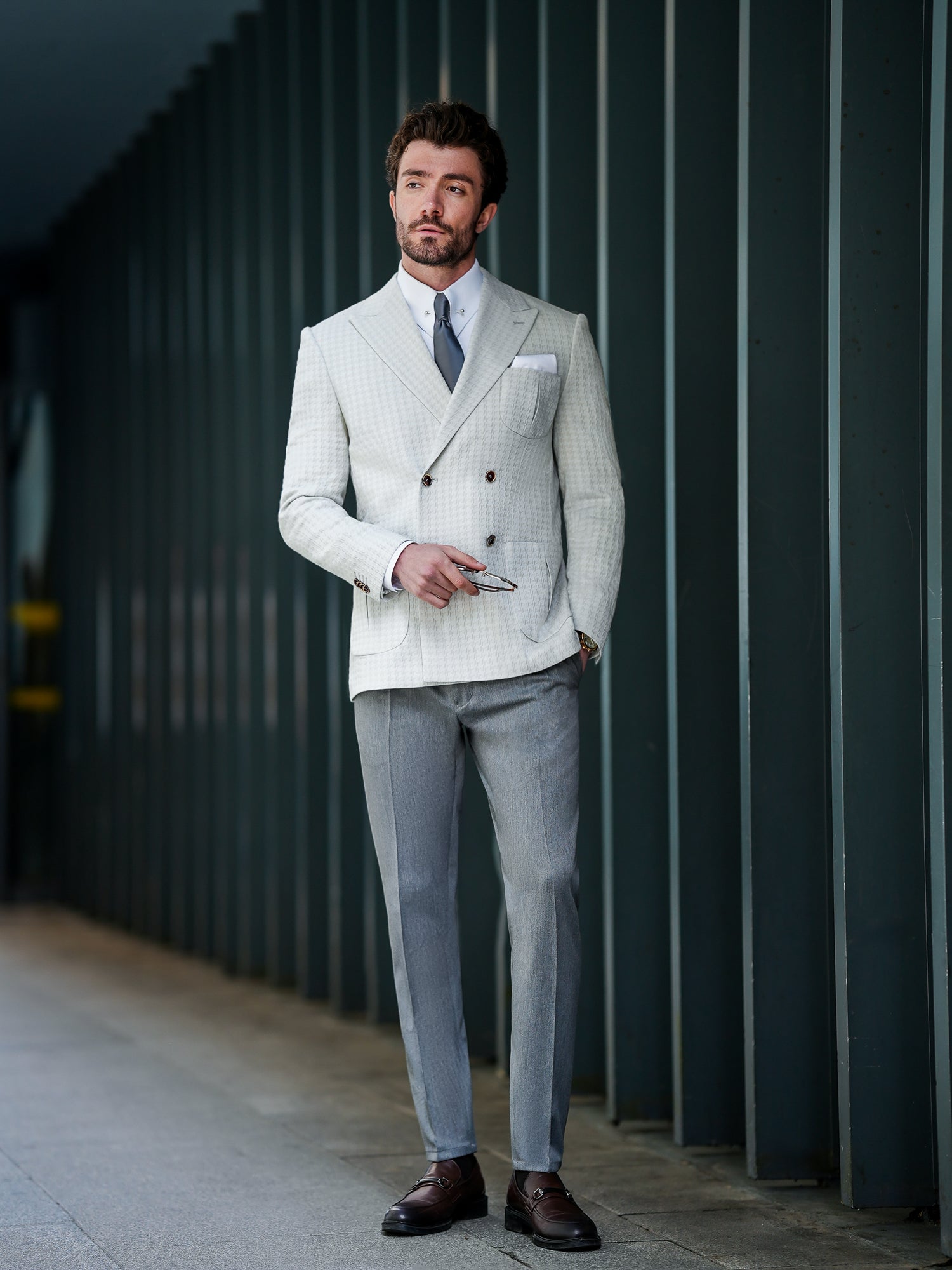 Light Grey Houndstooth Double Breasted Blazer