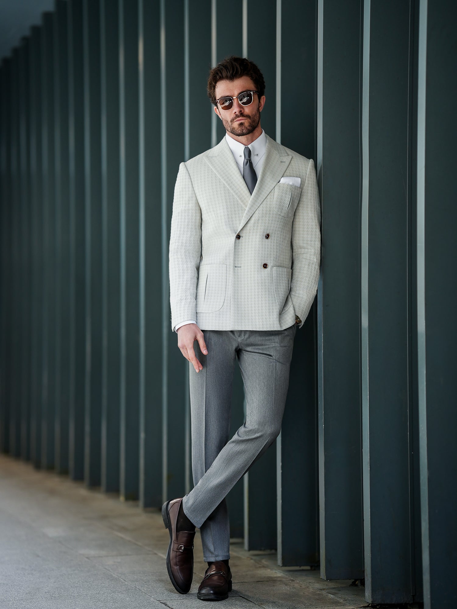 Light Grey Houndstooth Double Breasted Blazer