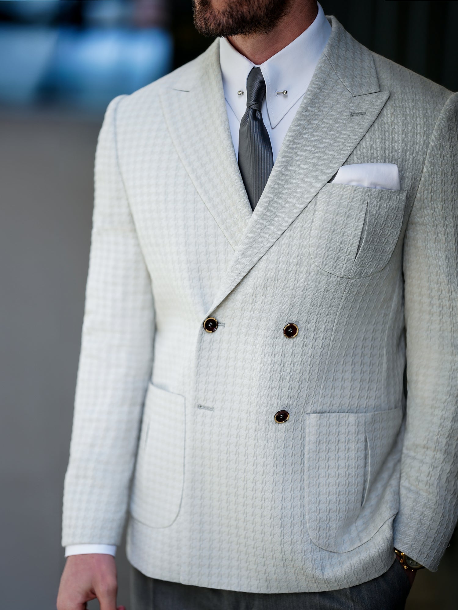 Light Grey Houndstooth Double Breasted Blazer