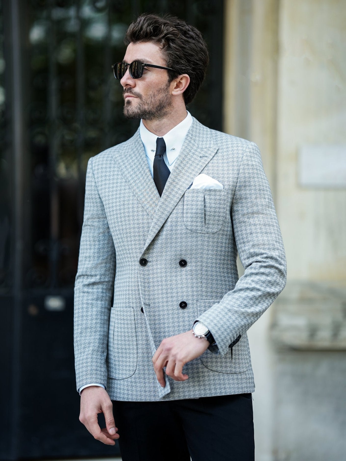 Grey Houndstooth Double Breasted Blazer