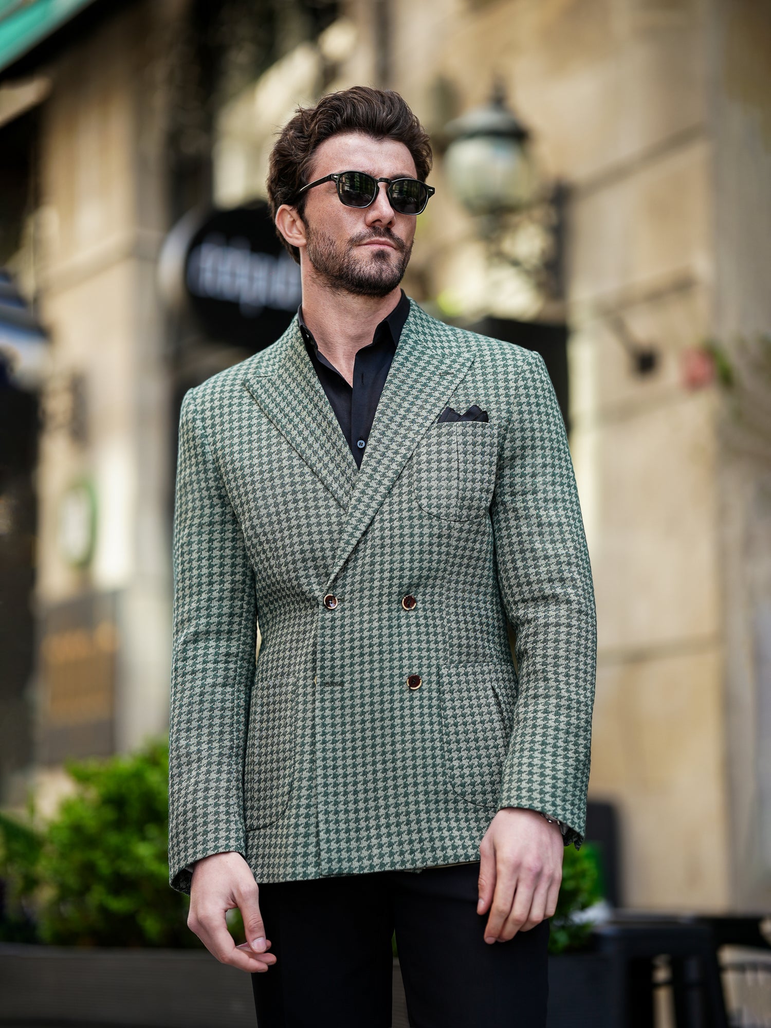 Green Houndstooth Double Breasted Blazer