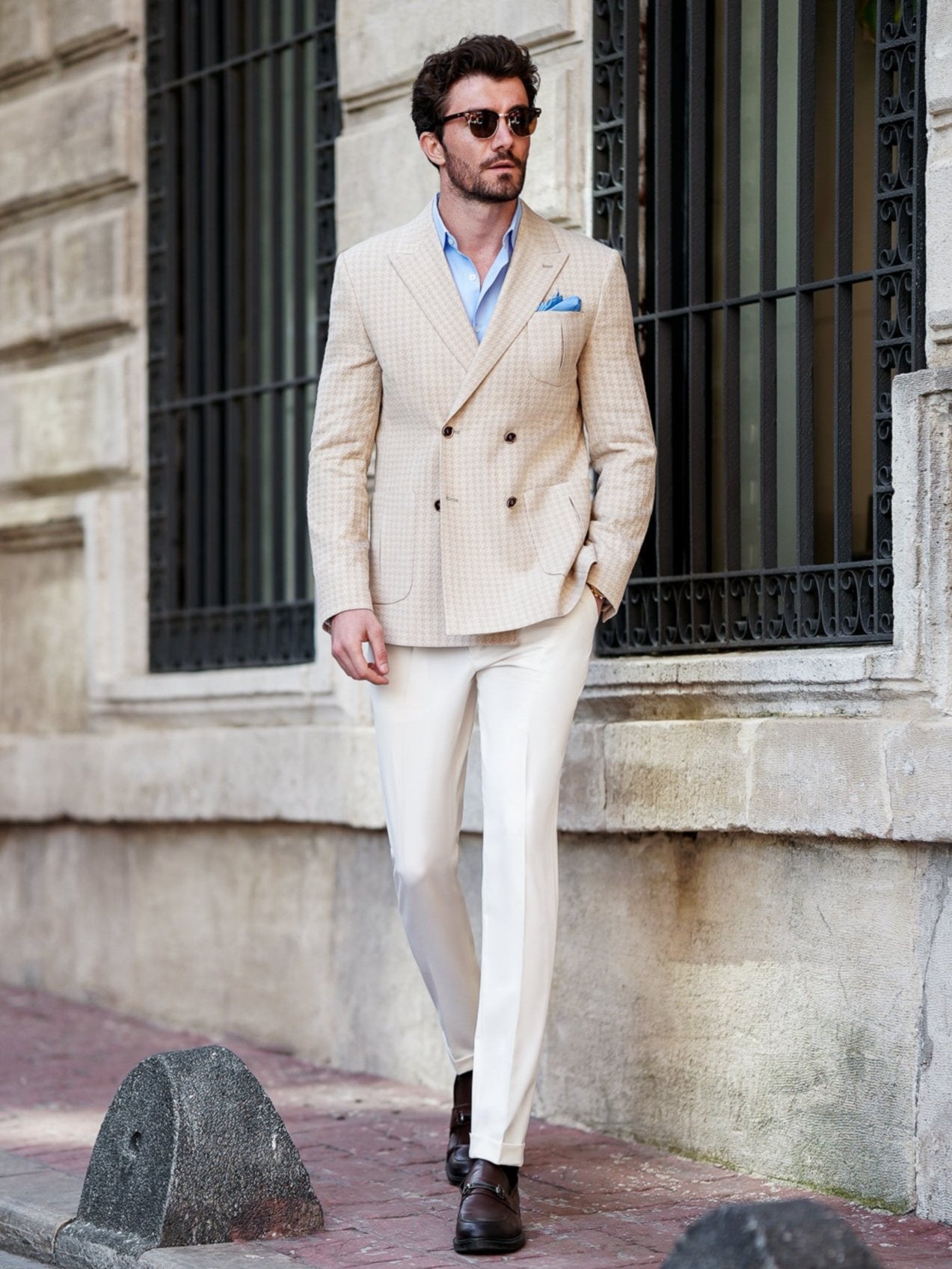 Beige Houndstooth Double Breasted Blazer