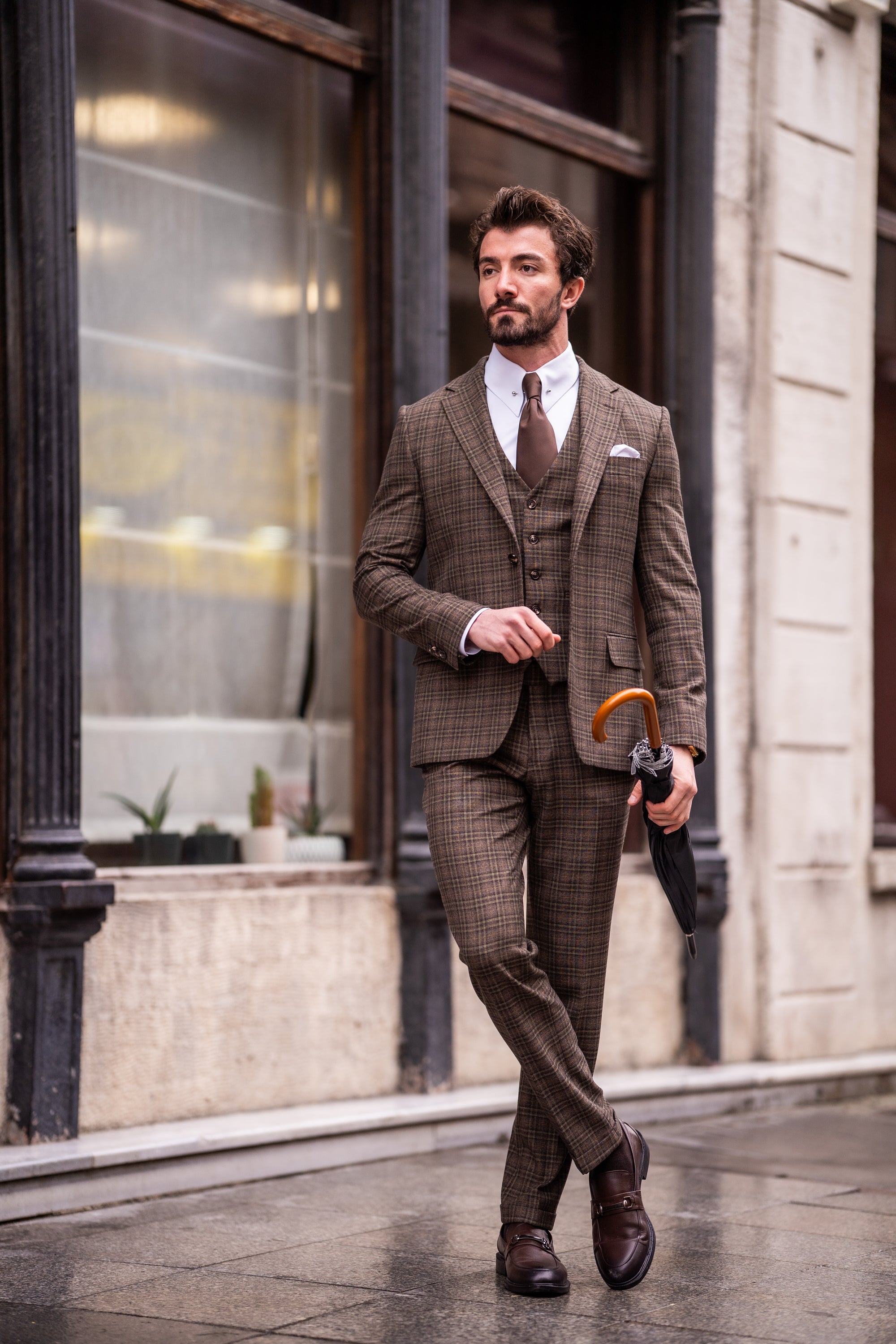 Brown Plaid Slim-Fit Suit 3-Piece