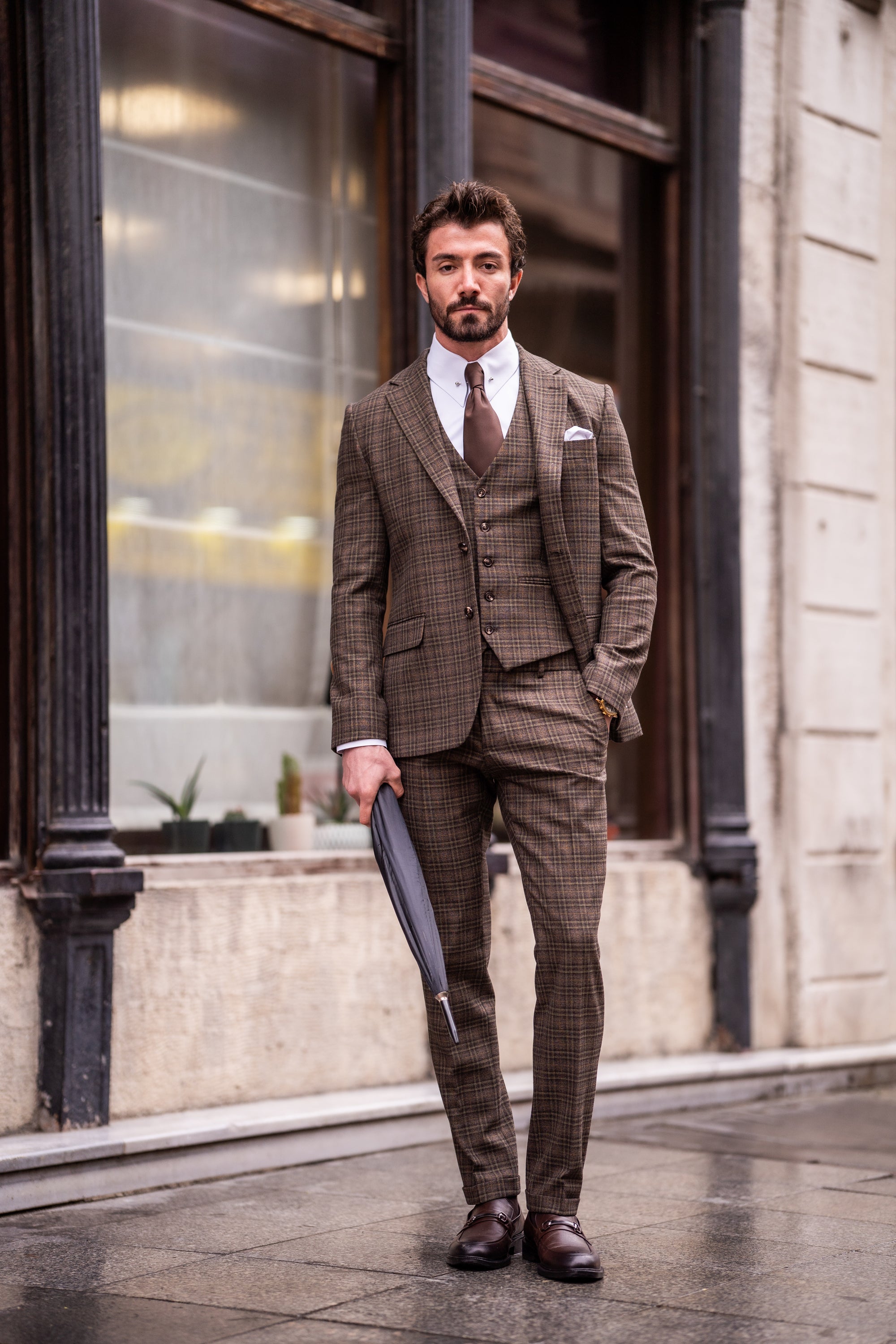 Brown Plaid Slim-Fit Suit 3-Piece