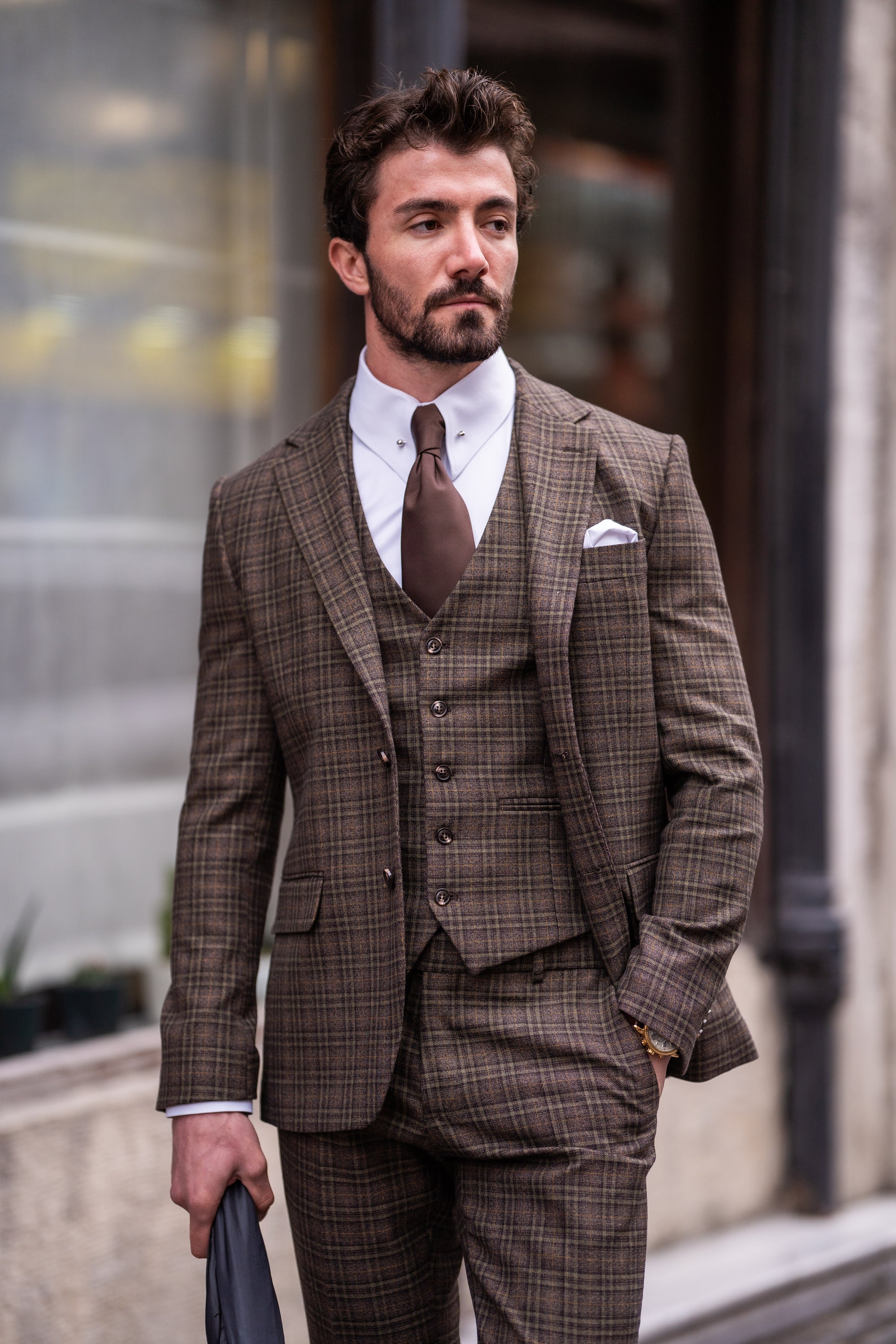 Brown Plaid Slim-Fit Suit 3-Piece