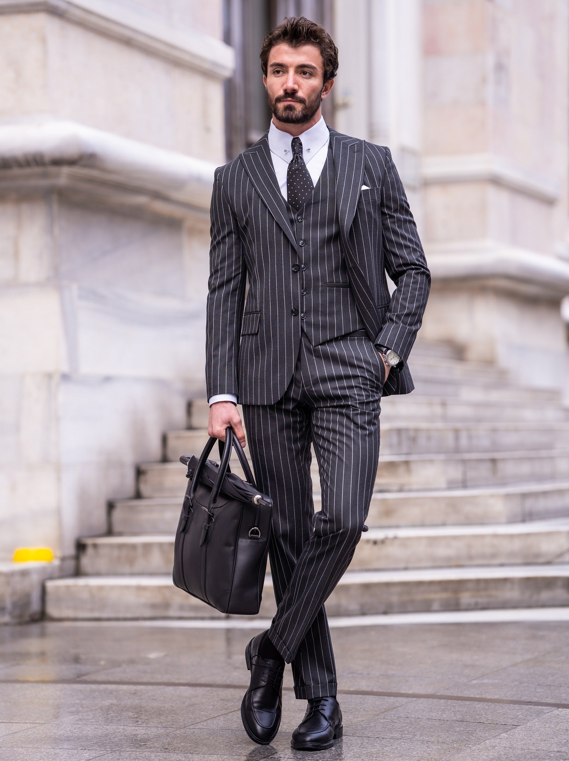 Black Striped Slim-Fit Suit 3-Piece