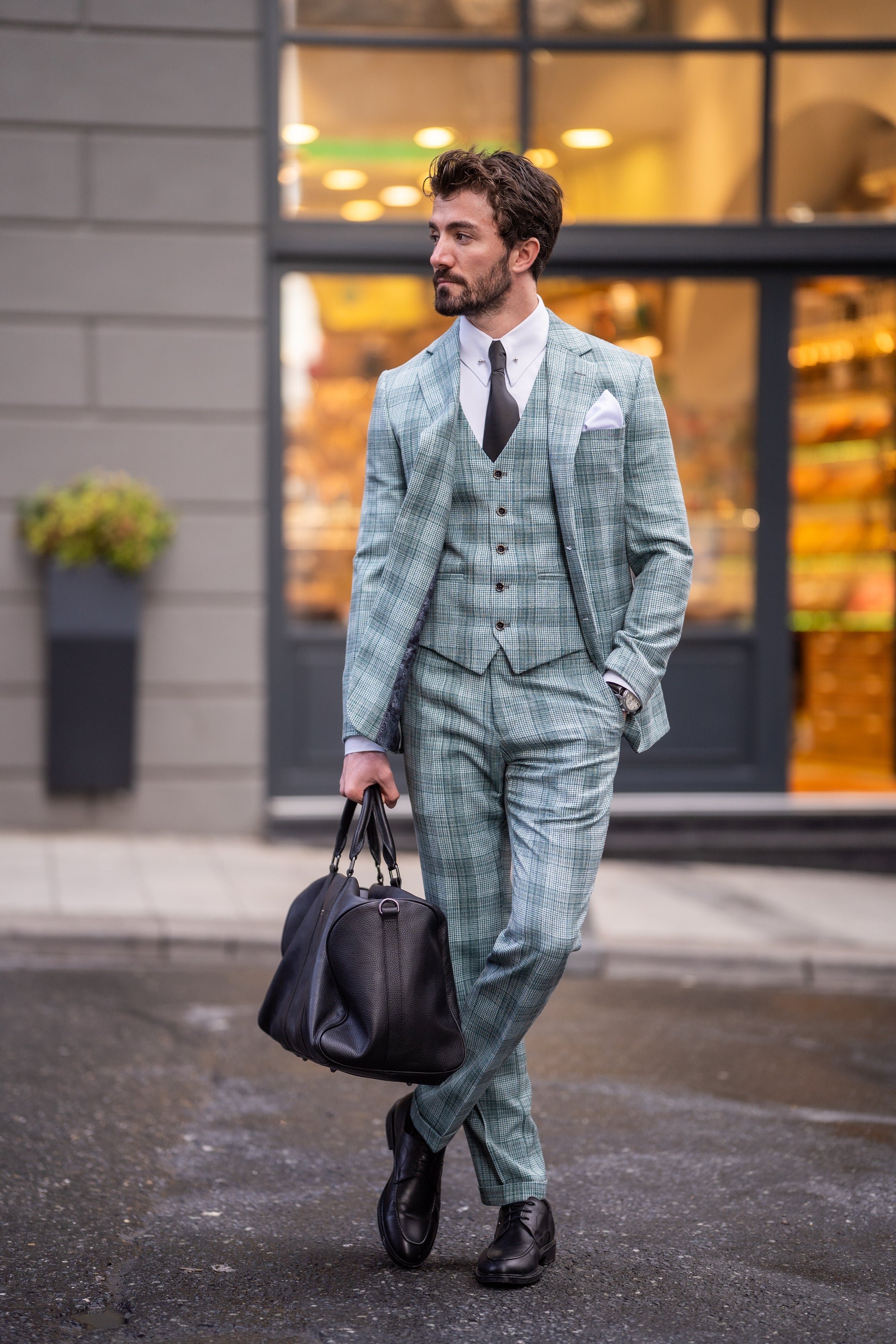 Green Plaid Slim-Fit Suit 3-Piece