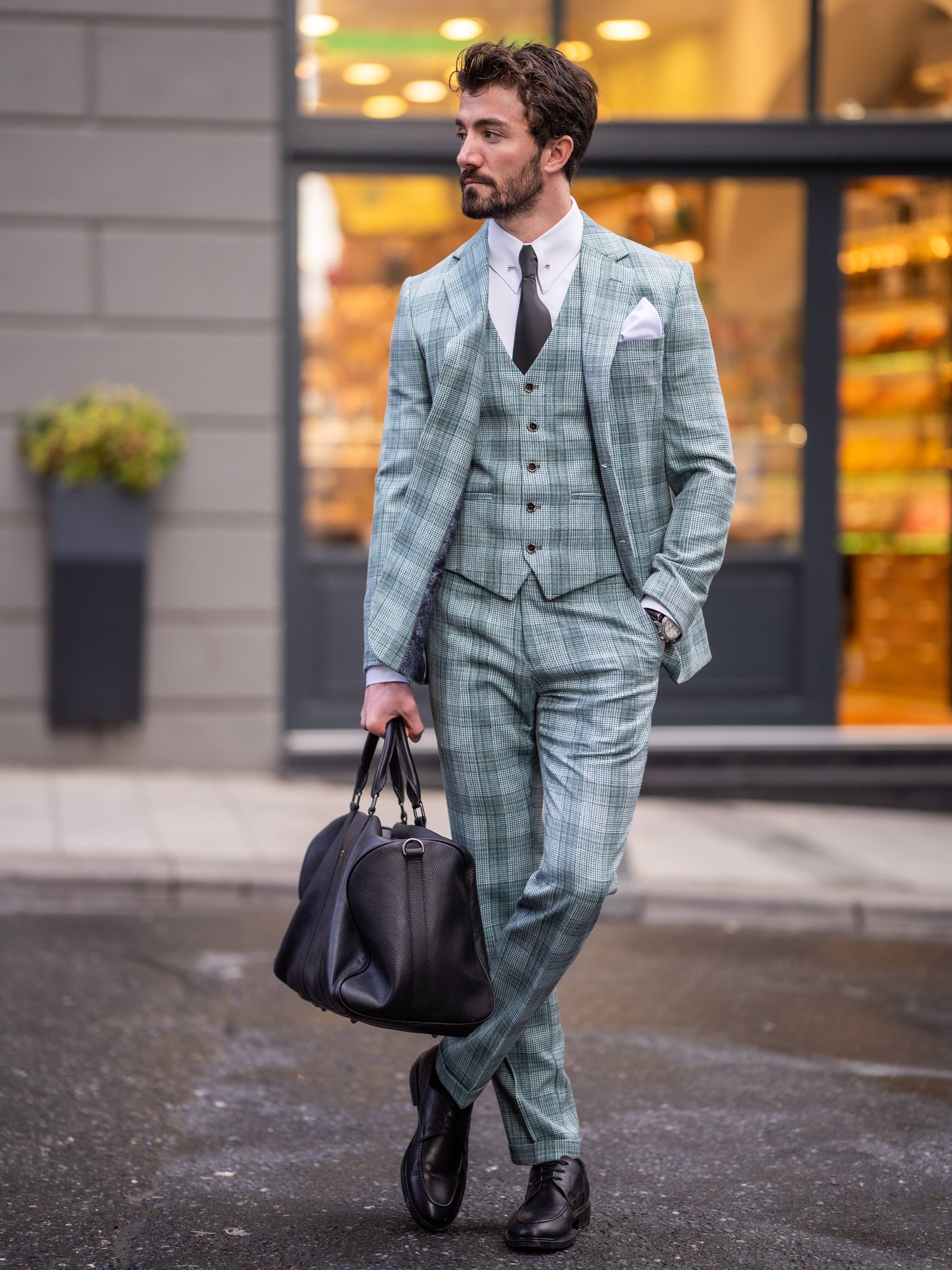 Green Plaid Slim-Fit Suit 3-Piece