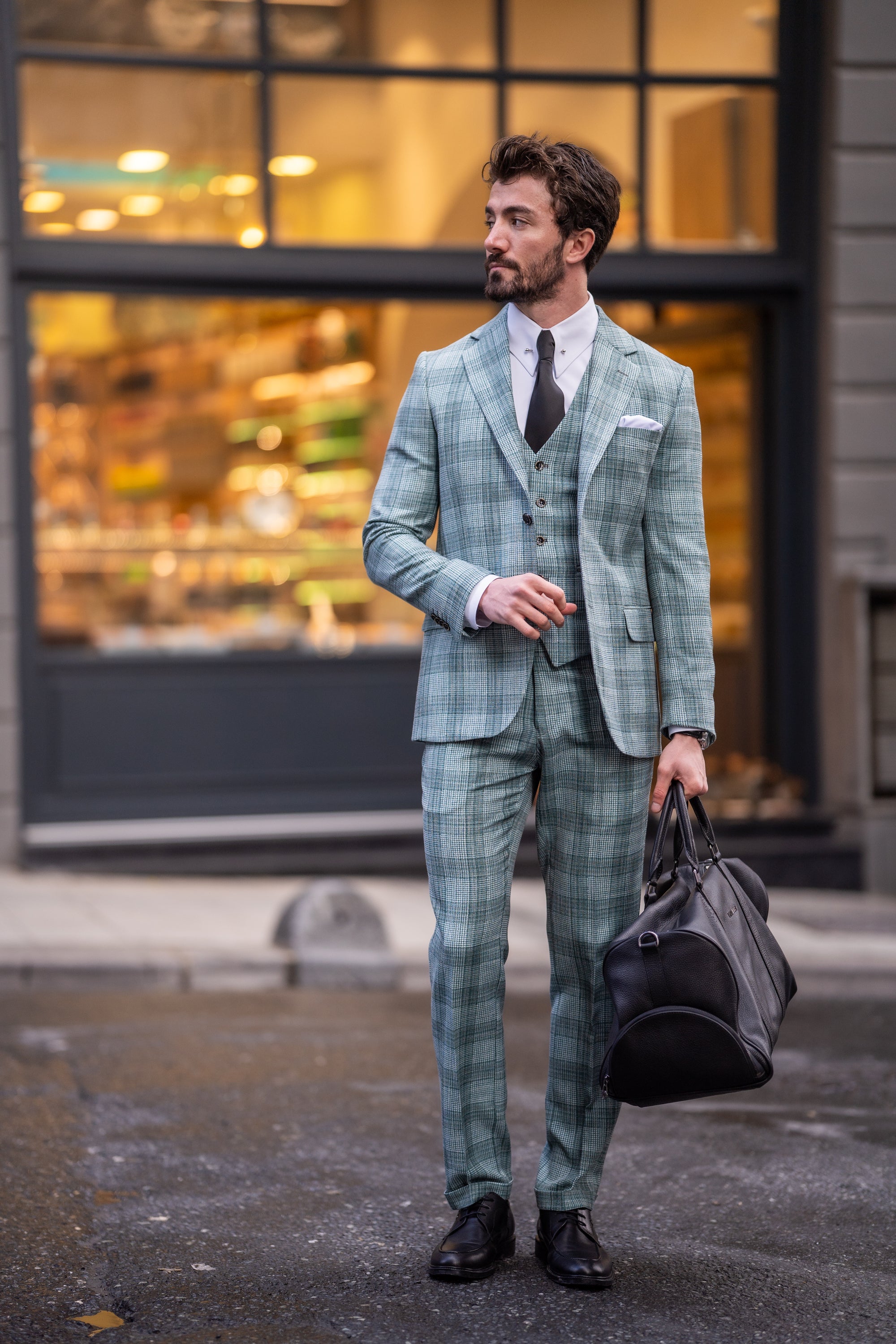 Green Plaid Slim-Fit Suit 3-Piece