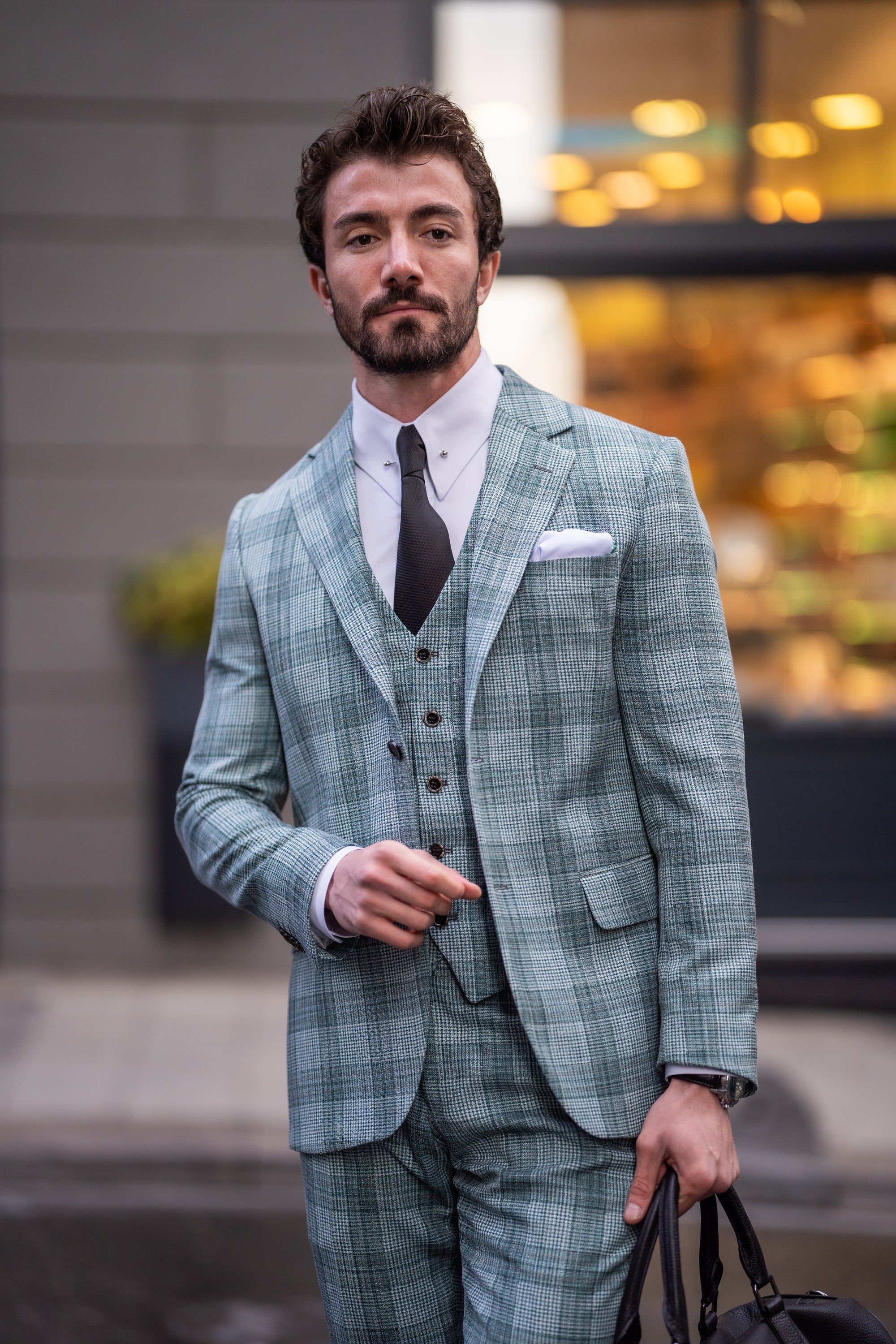 Green Plaid Slim-Fit Suit 3-Piece