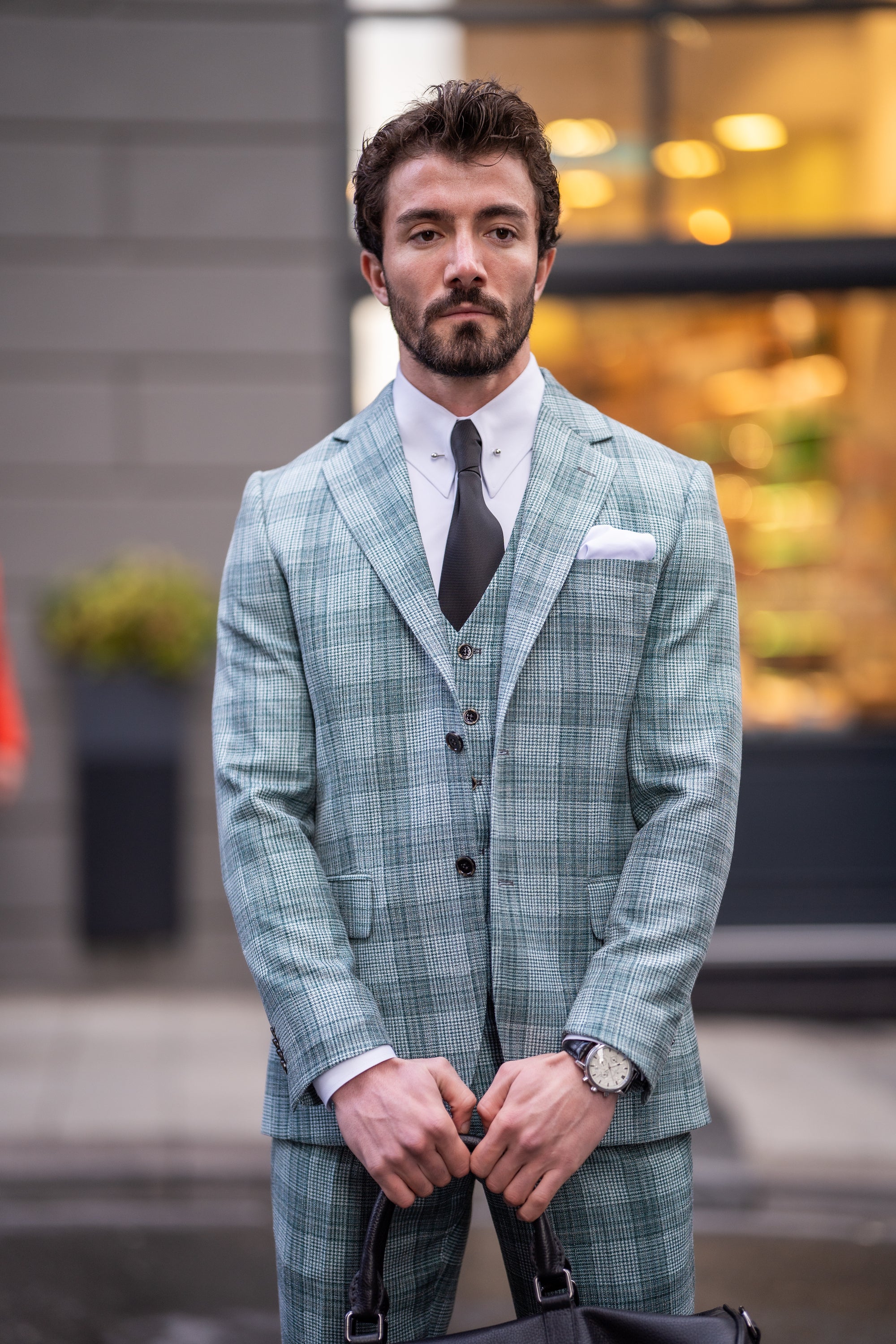 Green Plaid Slim-Fit Suit 3-Piece